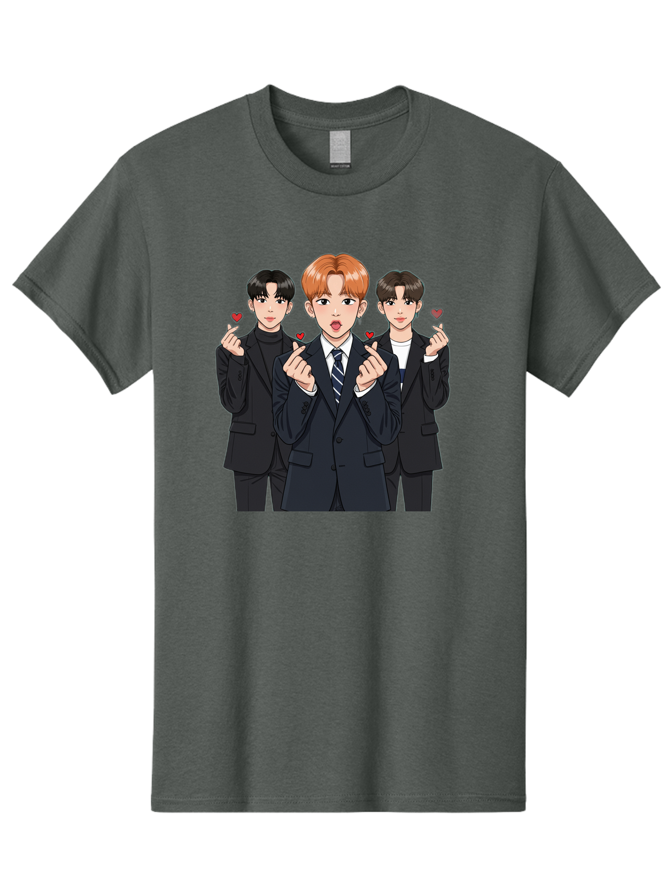 Three-Men-In-Suits-With-Hearts Men'S Graphic Tee, 100% Cotton, Comfortable Casual Summer Wear, Machine Washable, Young Men In Suits, Kpop Idols, Cartoon Style, Heart Gestures, Fashionable Clothing, Modern Boys, Stylish Outfits, Group Portrait, Bac518