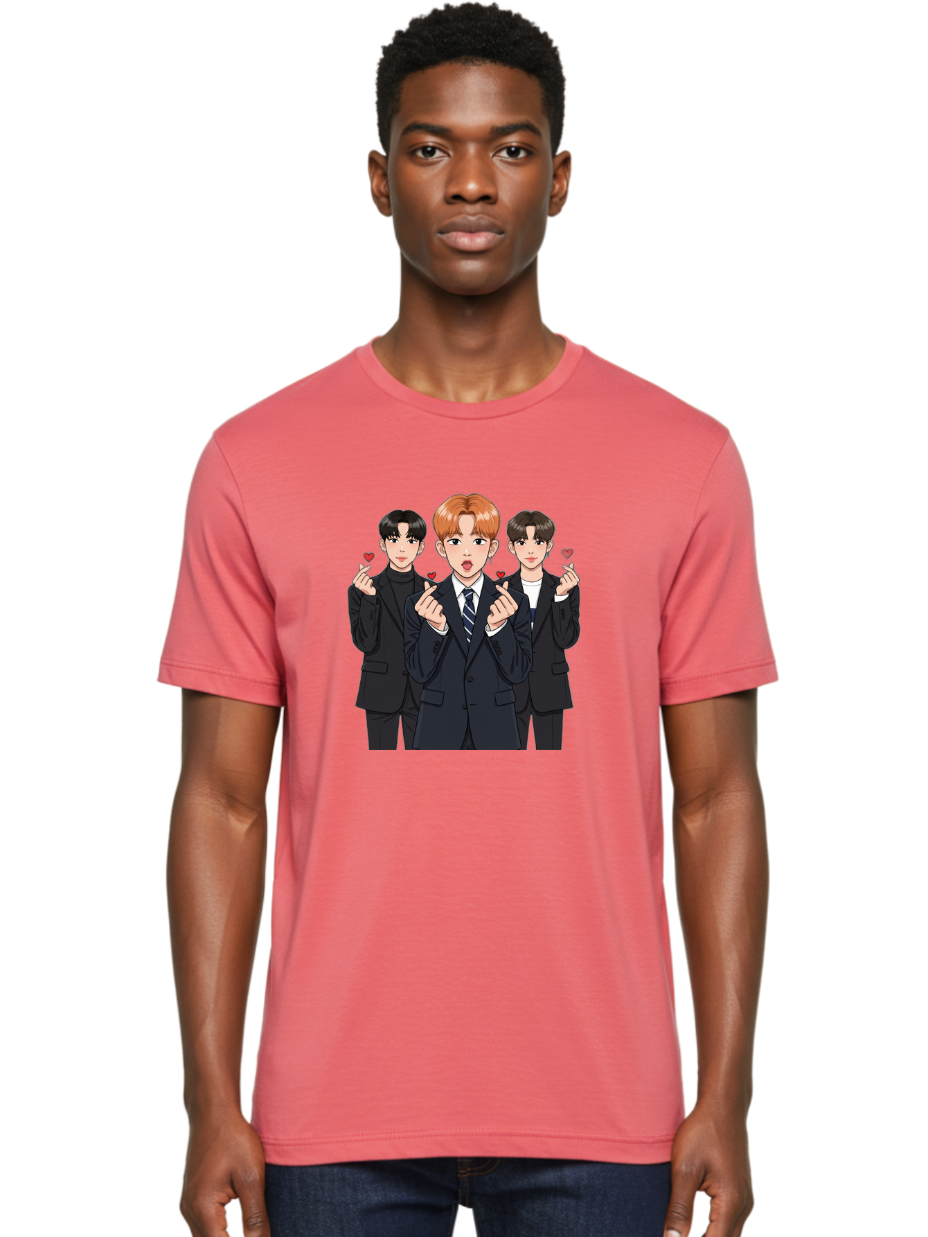 Three-Men-In-Suits-With-Hearts Men'S Graphic Tee, 100% Cotton, Comfortable Casual Summer Wear, Machine Washable, Young Men In Suits, Kpop Idols, Cartoon Style, Heart Gestures, Fashionable Clothing, Modern Boys, Stylish Outfits, Group Portrait, Bac518