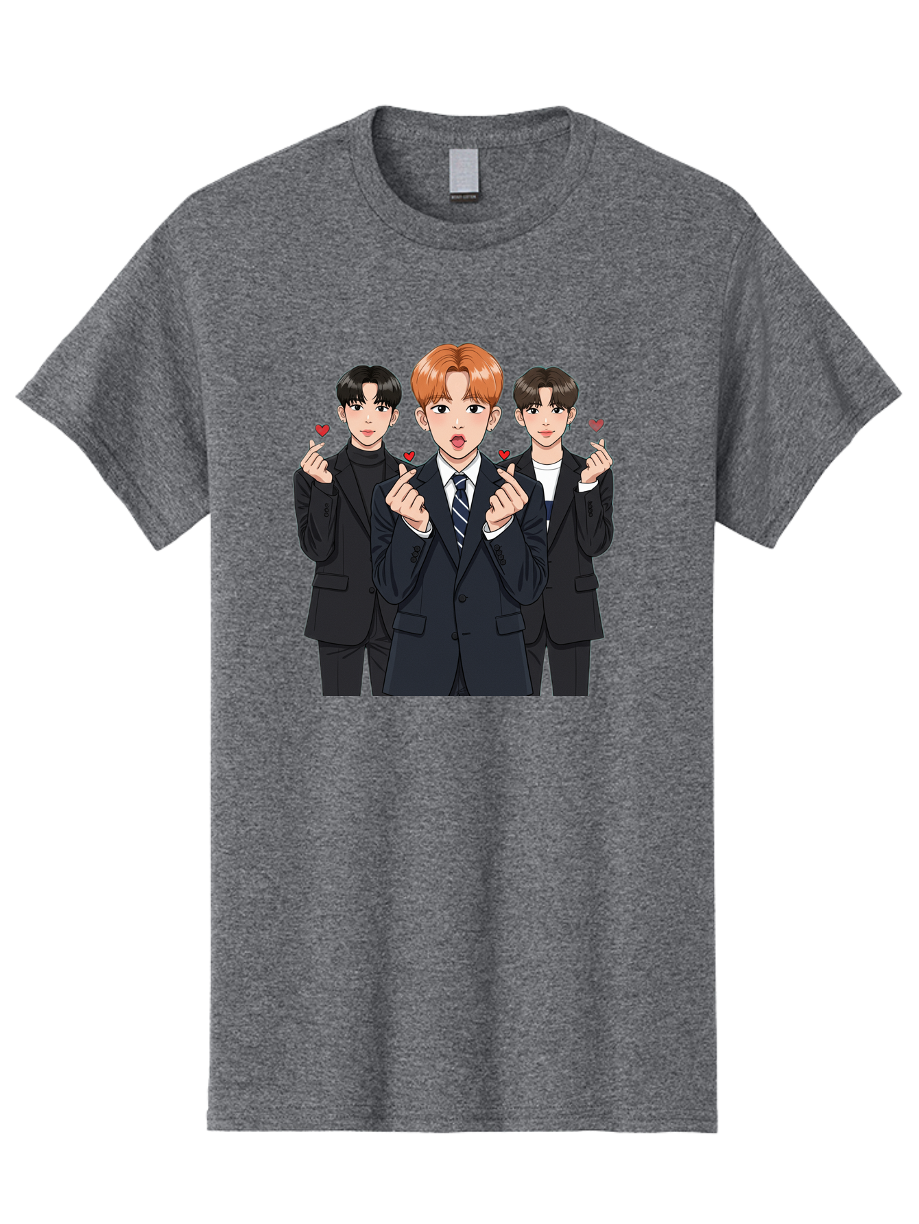 Three-Men-In-Suits-With-Hearts Men'S Graphic Tee, 100% Cotton, Comfortable Casual Summer Wear, Machine Washable, Young Men In Suits, Kpop Idols, Cartoon Style, Heart Gestures, Fashionable Clothing, Modern Boys, Stylish Outfits, Group Portrait, Bac518