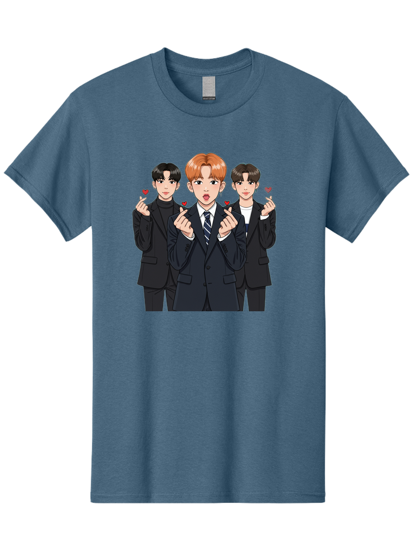 Three-Men-In-Suits-With-Hearts Men'S Graphic Tee, 100% Cotton, Comfortable Casual Summer Wear, Machine Washable, Young Men In Suits, Kpop Idols, Cartoon Style, Heart Gestures, Fashionable Clothing, Modern Boys, Stylish Outfits, Group Portrait, Bac518