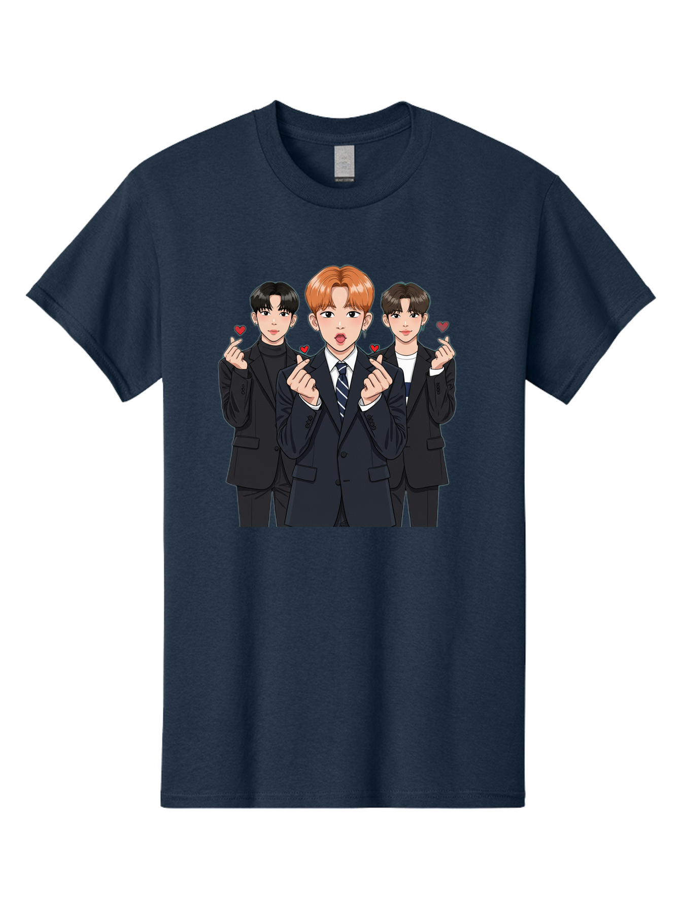 Three-Men-In-Suits-With-Hearts Men'S Graphic Tee, 100% Cotton, Comfortable Casual Summer Wear, Machine Washable, Young Men In Suits, Kpop Idols, Cartoon Style, Heart Gestures, Fashionable Clothing, Modern Boys, Stylish Outfits, Group Portrait, Bac518