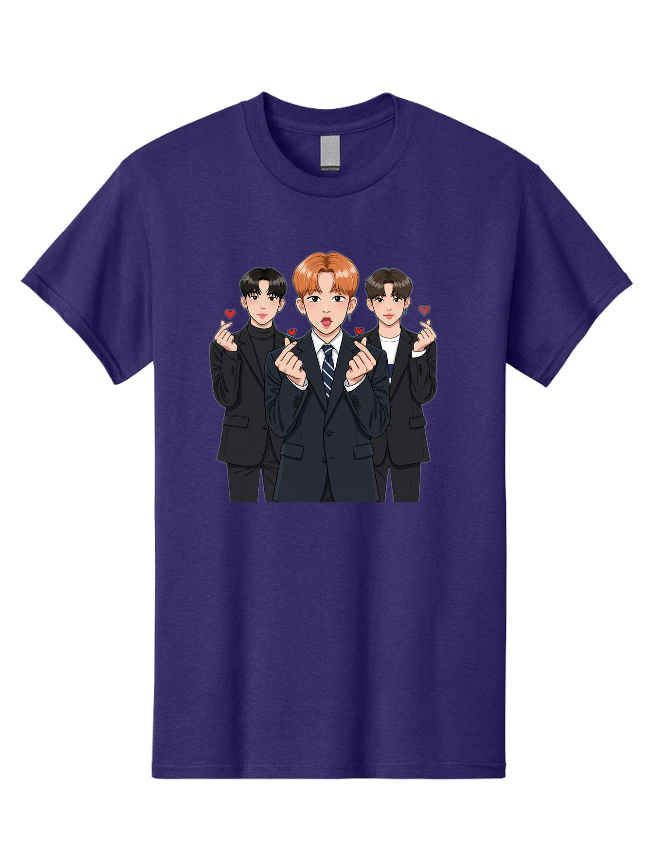 Three-Men-In-Suits-With-Hearts Men'S Graphic Tee, 100% Cotton, Comfortable Casual Summer Wear, Machine Washable, Young Men In Suits, Kpop Idols, Cartoon Style, Heart Gestures, Fashionable Clothing, Modern Boys, Stylish Outfits, Group Portrait, Bac518