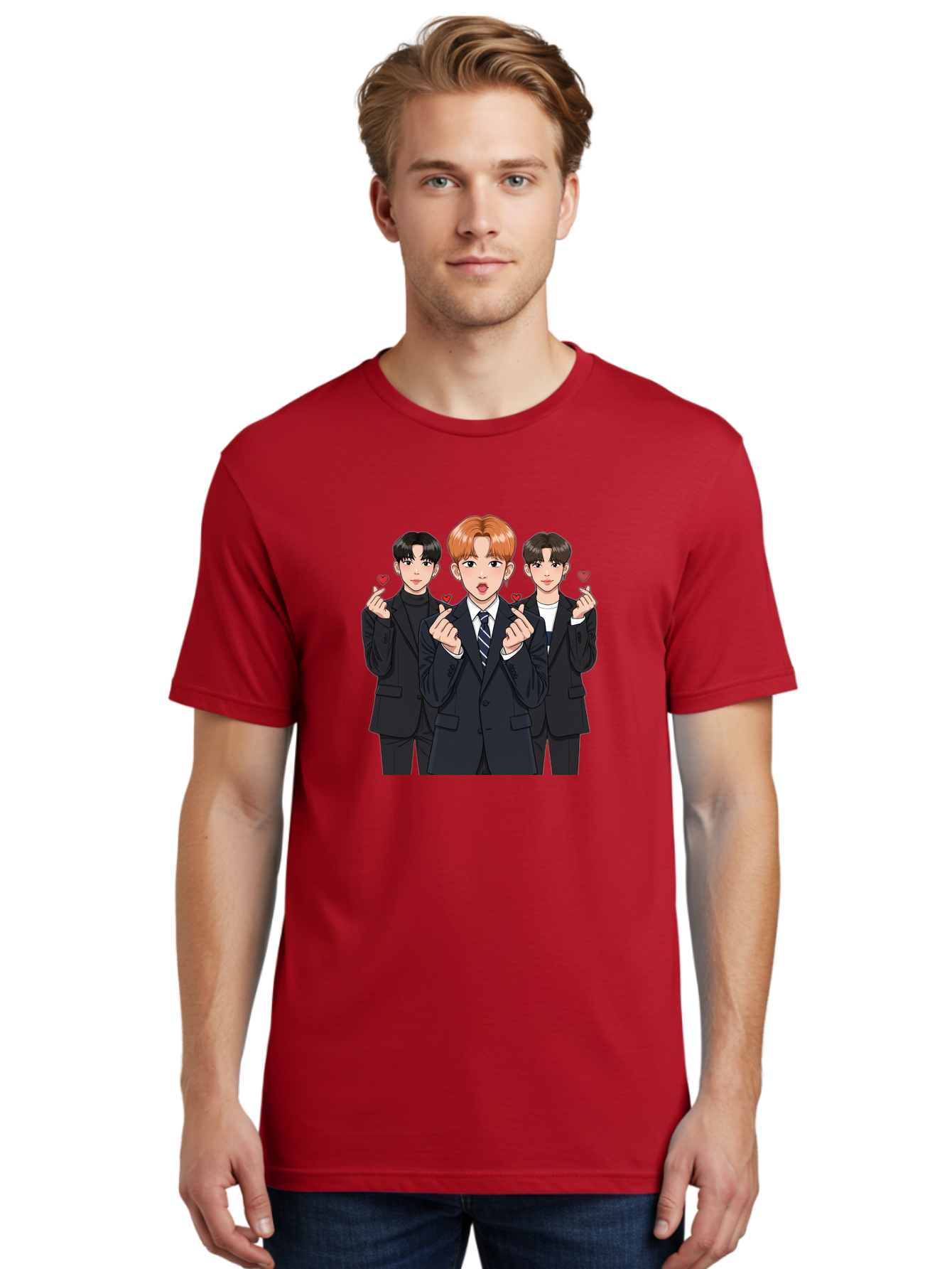 Three-Men-In-Suits-With-Hearts Men'S Graphic Tee, 100% Cotton, Comfortable Casual Summer Wear, Machine Washable, Young Men In Suits, Kpop Idols, Cartoon Style, Heart Gestures, Fashionable Clothing, Modern Boys, Stylish Outfits, Group Portrait, Bac518