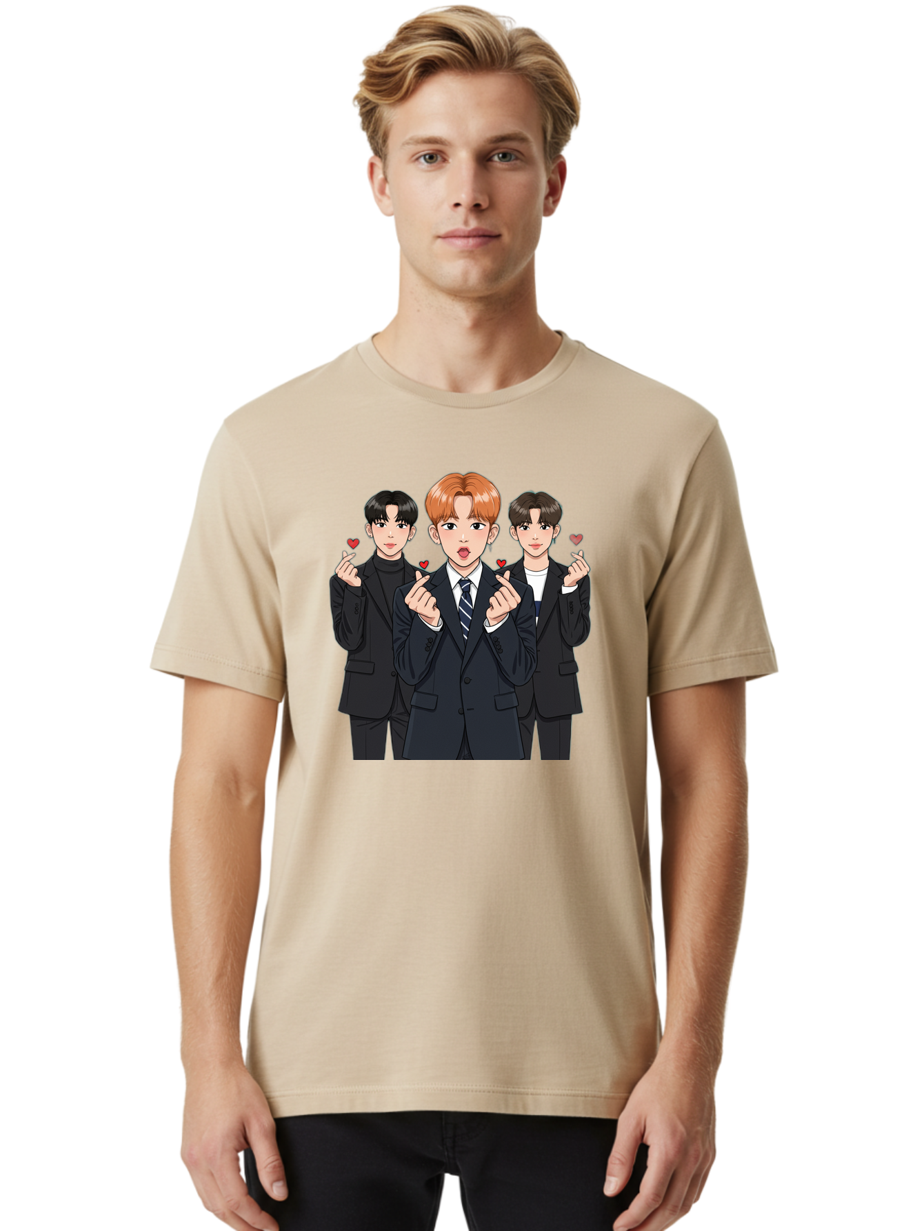 Three-Men-In-Suits-With-Hearts Men'S Graphic Tee, 100% Cotton, Comfortable Casual Summer Wear, Machine Washable, Young Men In Suits, Kpop Idols, Cartoon Style, Heart Gestures, Fashionable Clothing, Modern Boys, Stylish Outfits, Group Portrait, Bac518