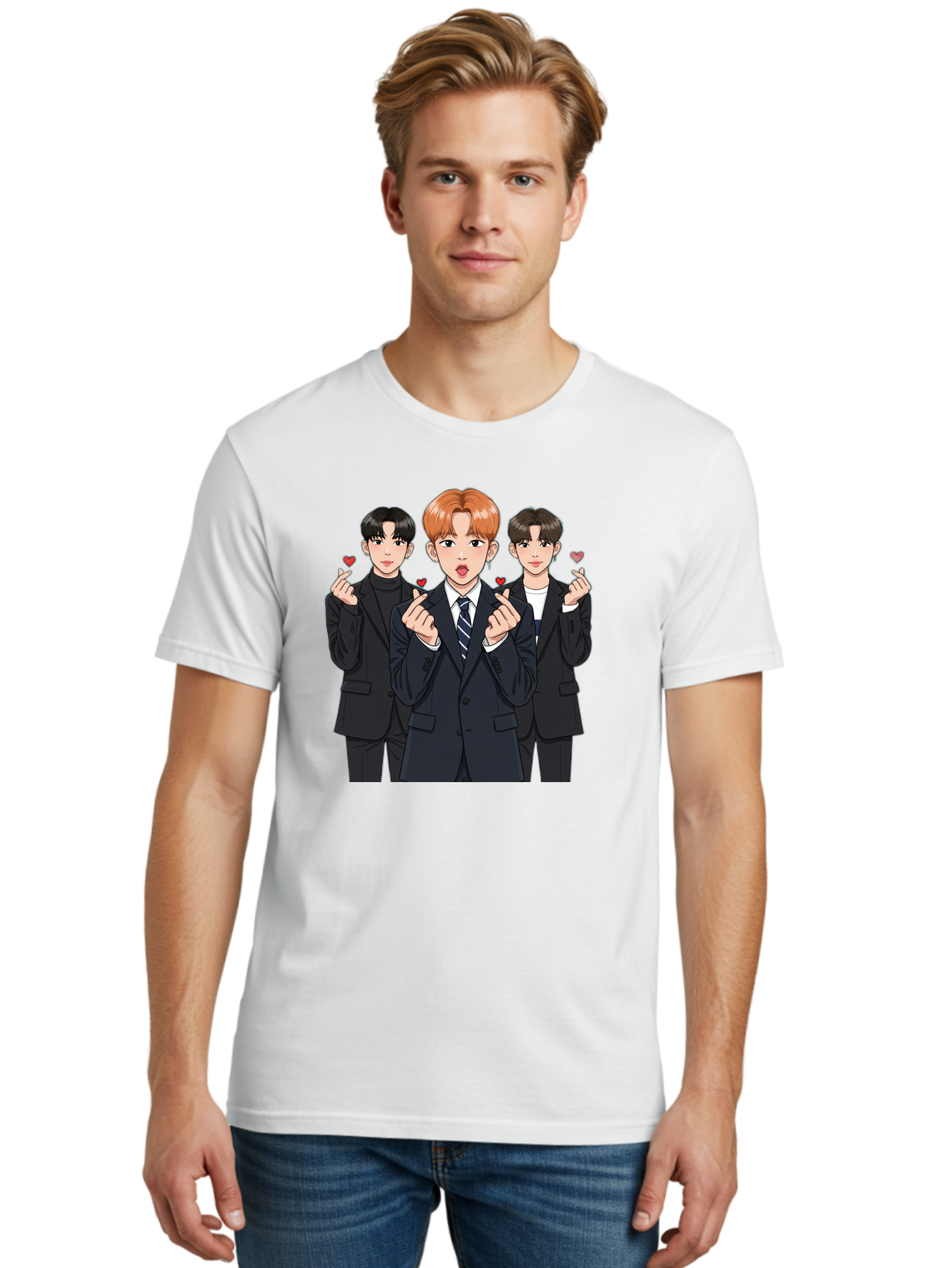 Three-Men-In-Suits-With-Hearts Men'S Graphic Tee, 100% Cotton, Comfortable Casual Summer Wear, Machine Washable, Young Men In Suits, Kpop Idols, Cartoon Style, Heart Gestures, Fashionable Clothing, Modern Boys, Stylish Outfits, Group Portrait, Bac518