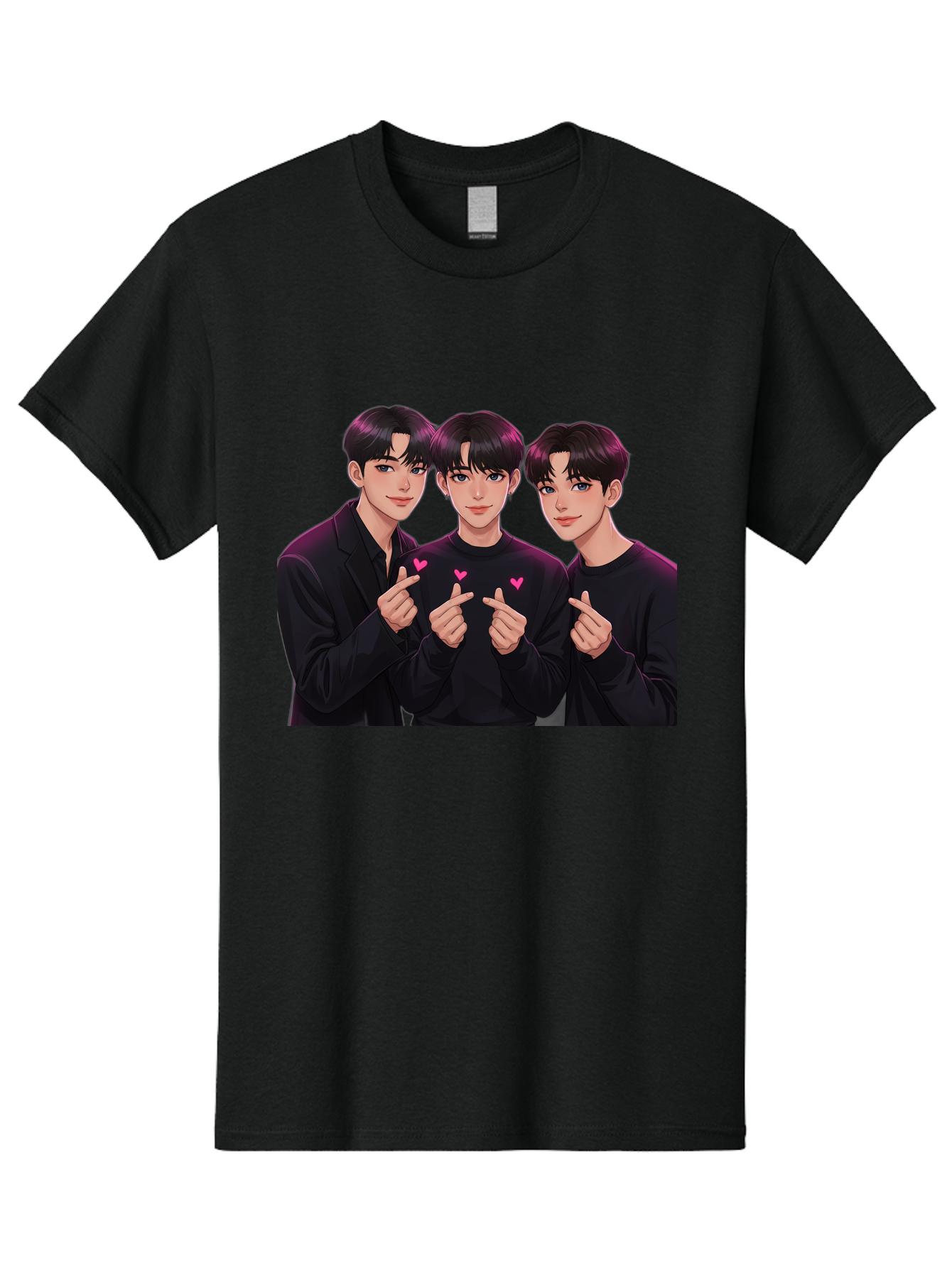 Three-Men-Pointing Men'S Graphic Tee, 100% Cotton, Comfortable Casual Summer Wear, Machine Washable, Young Men With Black Hair, Black Shirts, Pink Hearts, Finger Pointing, K-Pop Style, Group Portrait, Modern Fashion, Trendy Gesture, Bac519