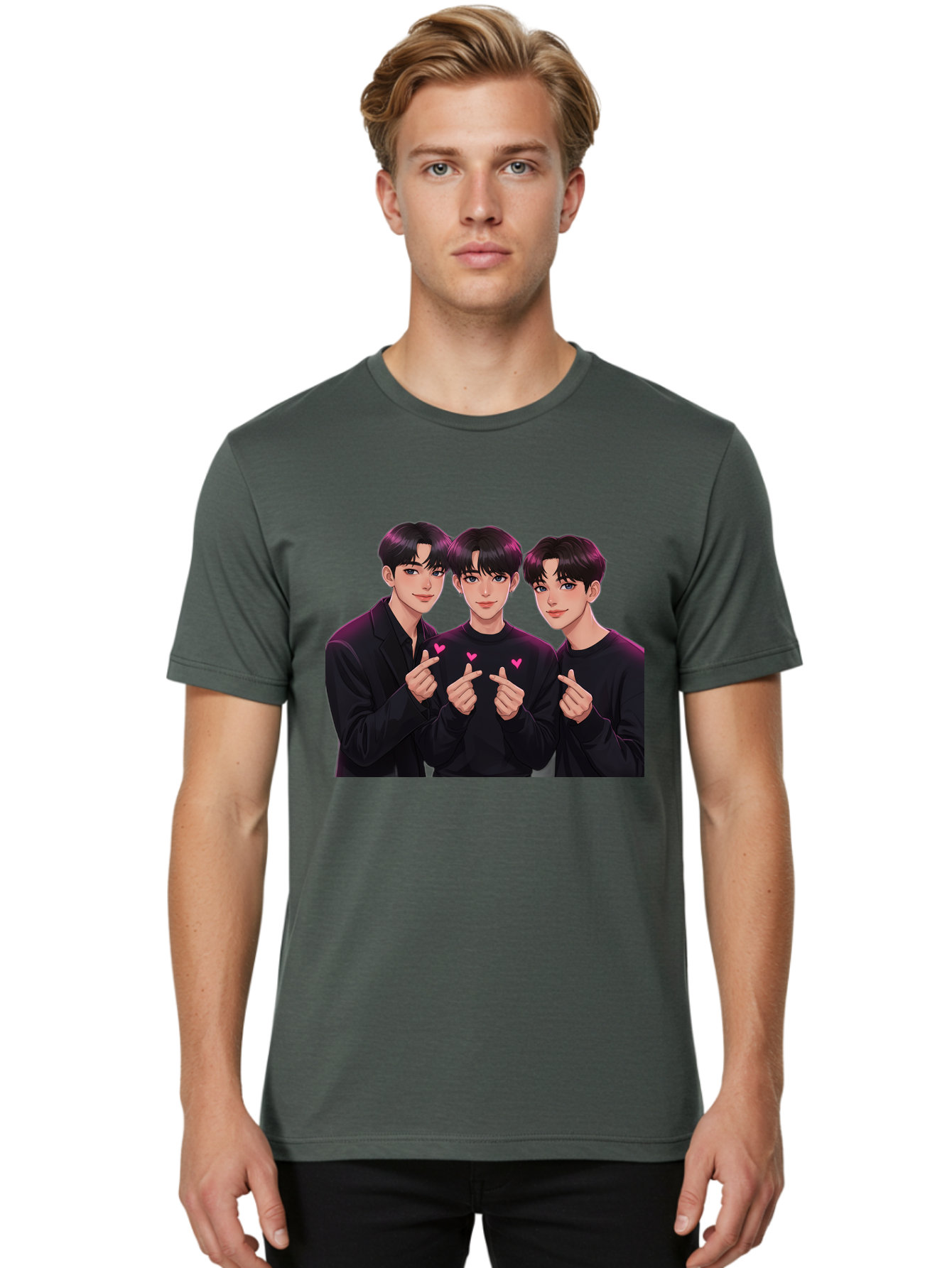 Three-Men-Pointing Men'S Graphic Tee, 100% Cotton, Comfortable Casual Summer Wear, Machine Washable, Young Men With Black Hair, Black Shirts, Pink Hearts, Finger Pointing, K-Pop Style, Group Portrait, Modern Fashion, Trendy Gesture, Bac519