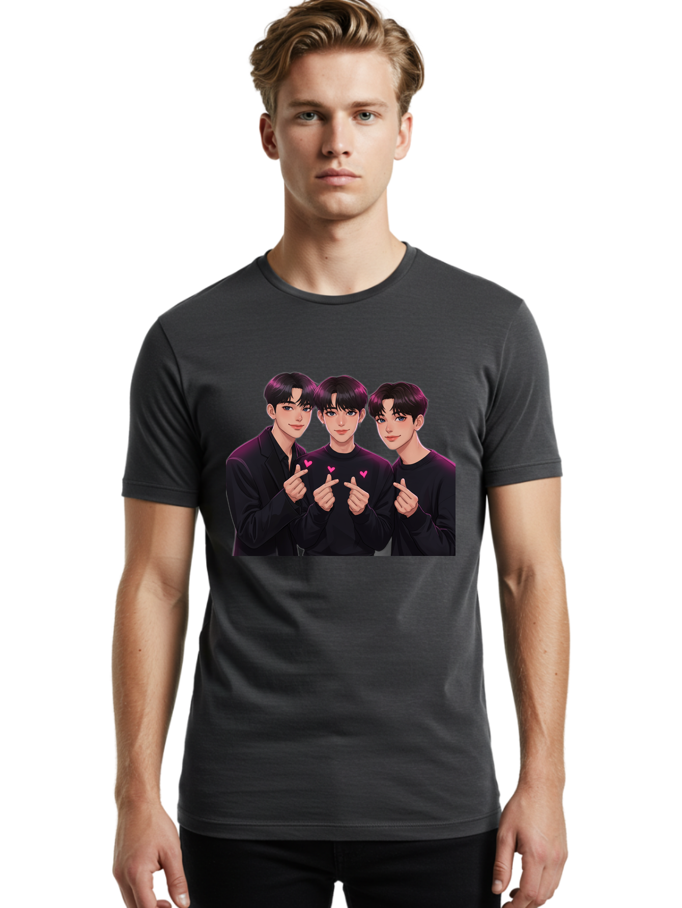 Three-Men-Pointing Men'S Graphic Tee, 100% Cotton, Comfortable Casual Summer Wear, Machine Washable, Young Men With Black Hair, Black Shirts, Pink Hearts, Finger Pointing, K-Pop Style, Group Portrait, Modern Fashion, Trendy Gesture, Bac519