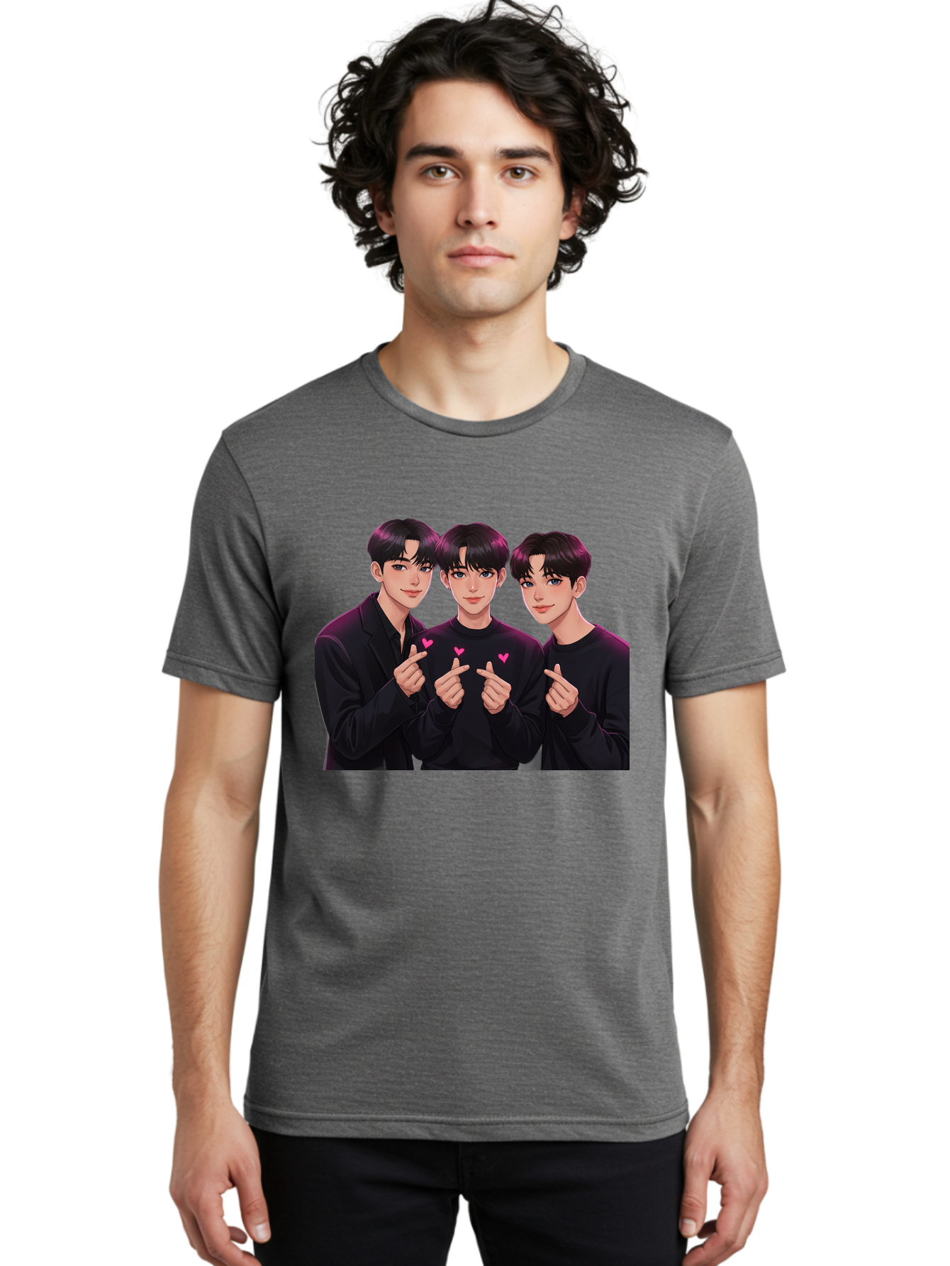Three-Men-Pointing Men'S Graphic Tee, 100% Cotton, Comfortable Casual Summer Wear, Machine Washable, Young Men With Black Hair, Black Shirts, Pink Hearts, Finger Pointing, K-Pop Style, Group Portrait, Modern Fashion, Trendy Gesture, Bac519