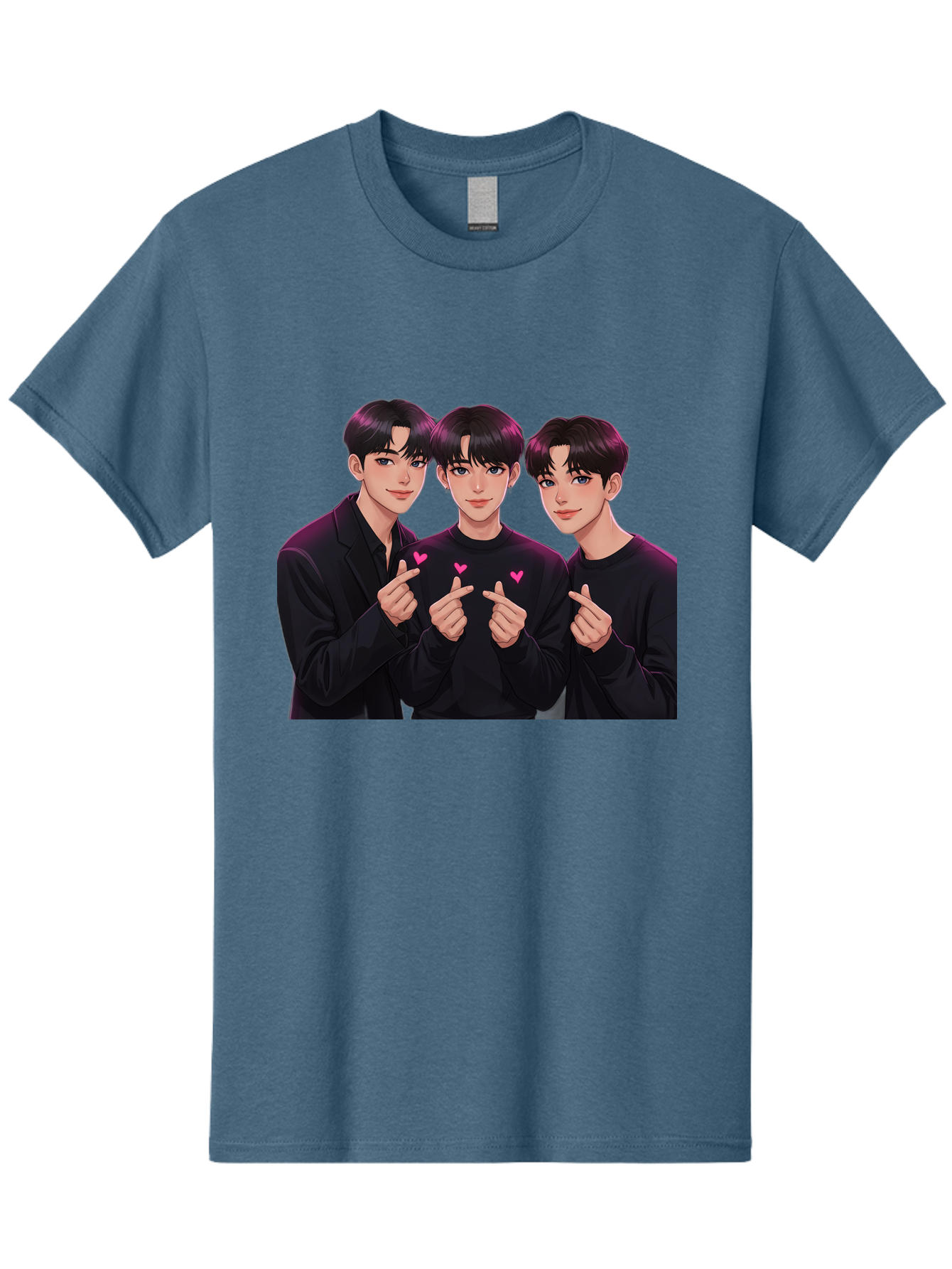 Three-Men-Pointing Men'S Graphic Tee, 100% Cotton, Comfortable Casual Summer Wear, Machine Washable, Young Men With Black Hair, Black Shirts, Pink Hearts, Finger Pointing, K-Pop Style, Group Portrait, Modern Fashion, Trendy Gesture, Bac519