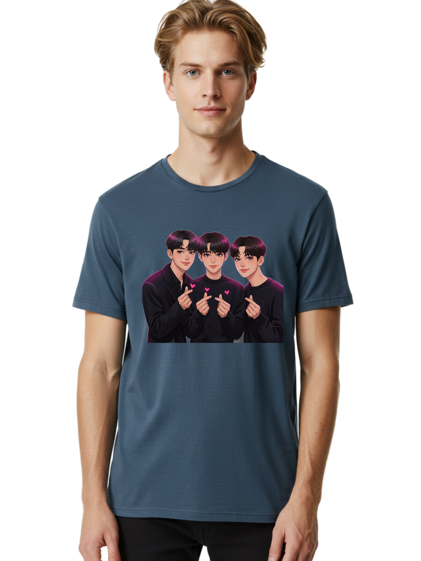 Three-Men-Pointing Men'S Graphic Tee, 100% Cotton, Comfortable Casual Summer Wear, Machine Washable, Young Men With Black Hair, Black Shirts, Pink Hearts, Finger Pointing, K-Pop Style, Group Portrait, Modern Fashion, Trendy Gesture, Bac519