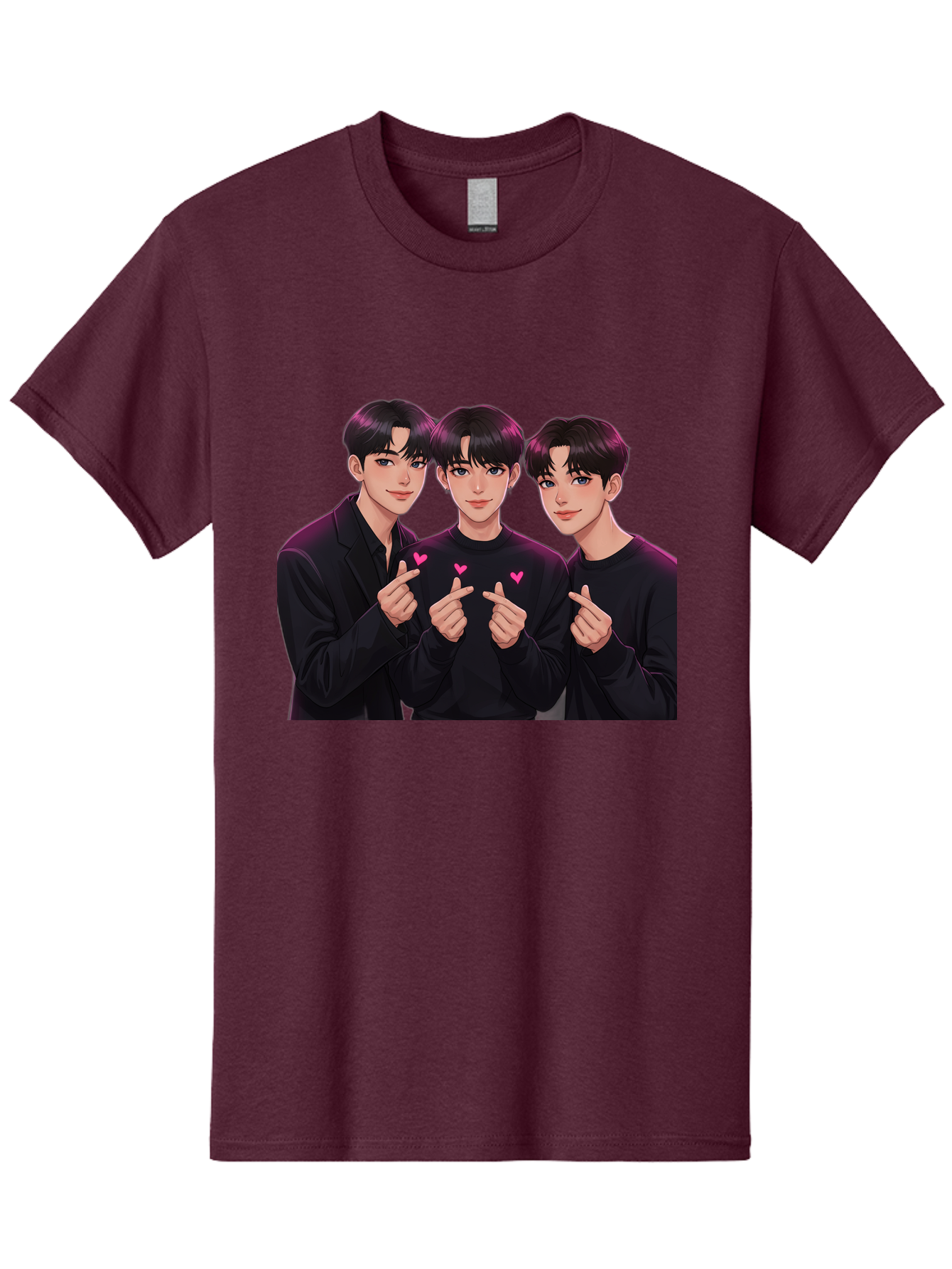 Three-Men-Pointing Men'S Graphic Tee, 100% Cotton, Comfortable Casual Summer Wear, Machine Washable, Young Men With Black Hair, Black Shirts, Pink Hearts, Finger Pointing, K-Pop Style, Group Portrait, Modern Fashion, Trendy Gesture, Bac519