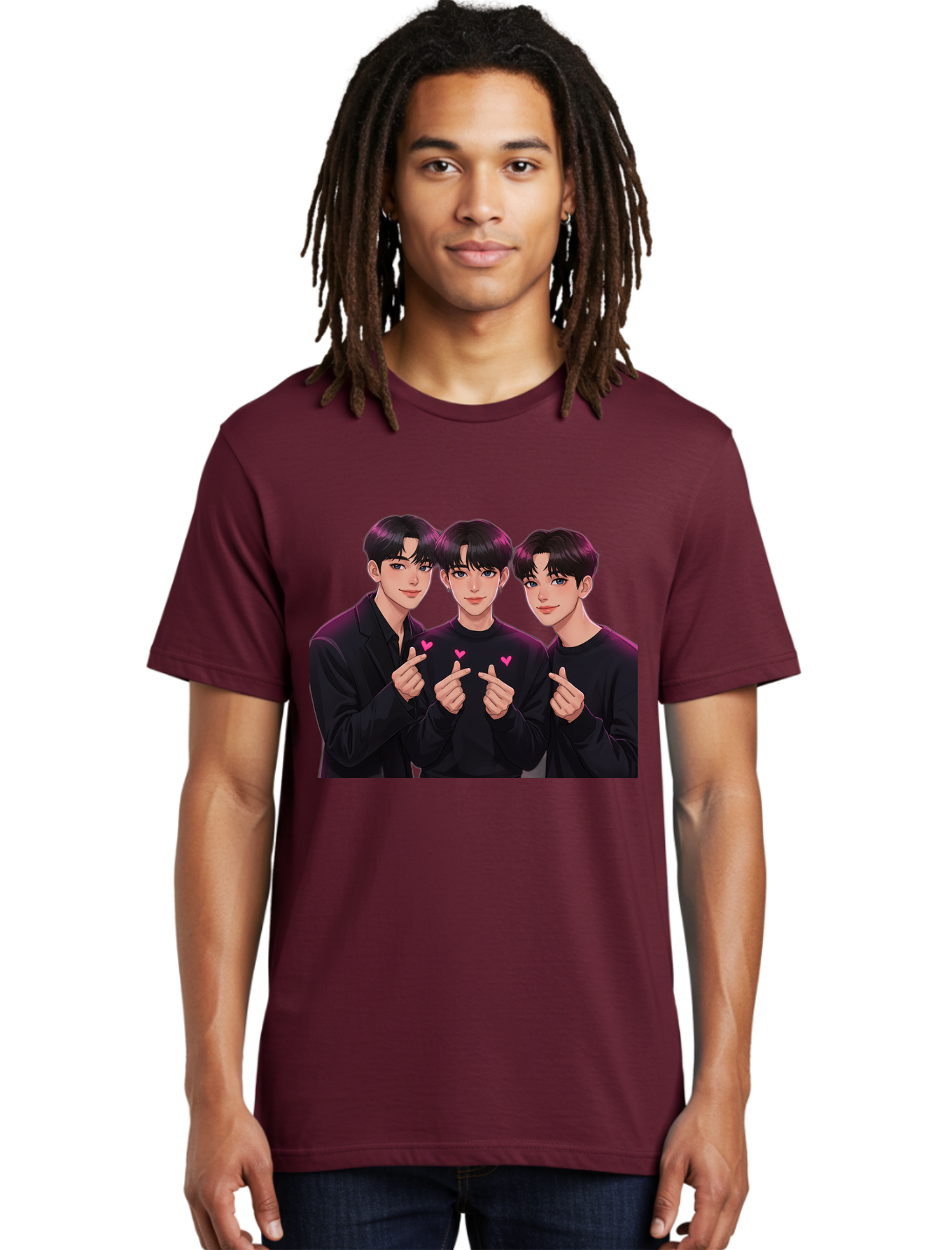 Three-Men-Pointing Men'S Graphic Tee, 100% Cotton, Comfortable Casual Summer Wear, Machine Washable, Young Men With Black Hair, Black Shirts, Pink Hearts, Finger Pointing, K-Pop Style, Group Portrait, Modern Fashion, Trendy Gesture, Bac519