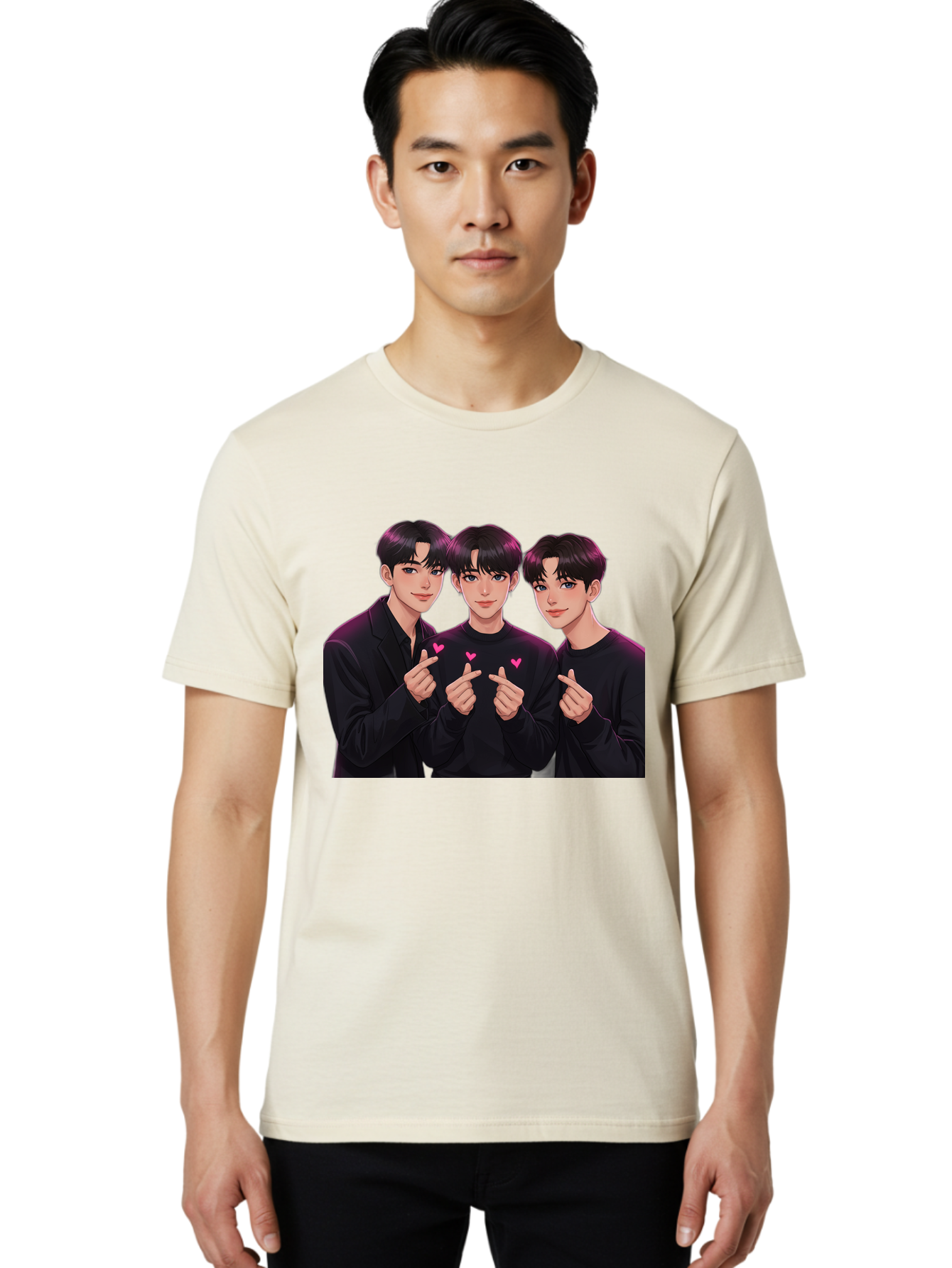 Three-Men-Pointing Men'S Graphic Tee, 100% Cotton, Comfortable Casual Summer Wear, Machine Washable, Young Men With Black Hair, Black Shirts, Pink Hearts, Finger Pointing, K-Pop Style, Group Portrait, Modern Fashion, Trendy Gesture, Bac519