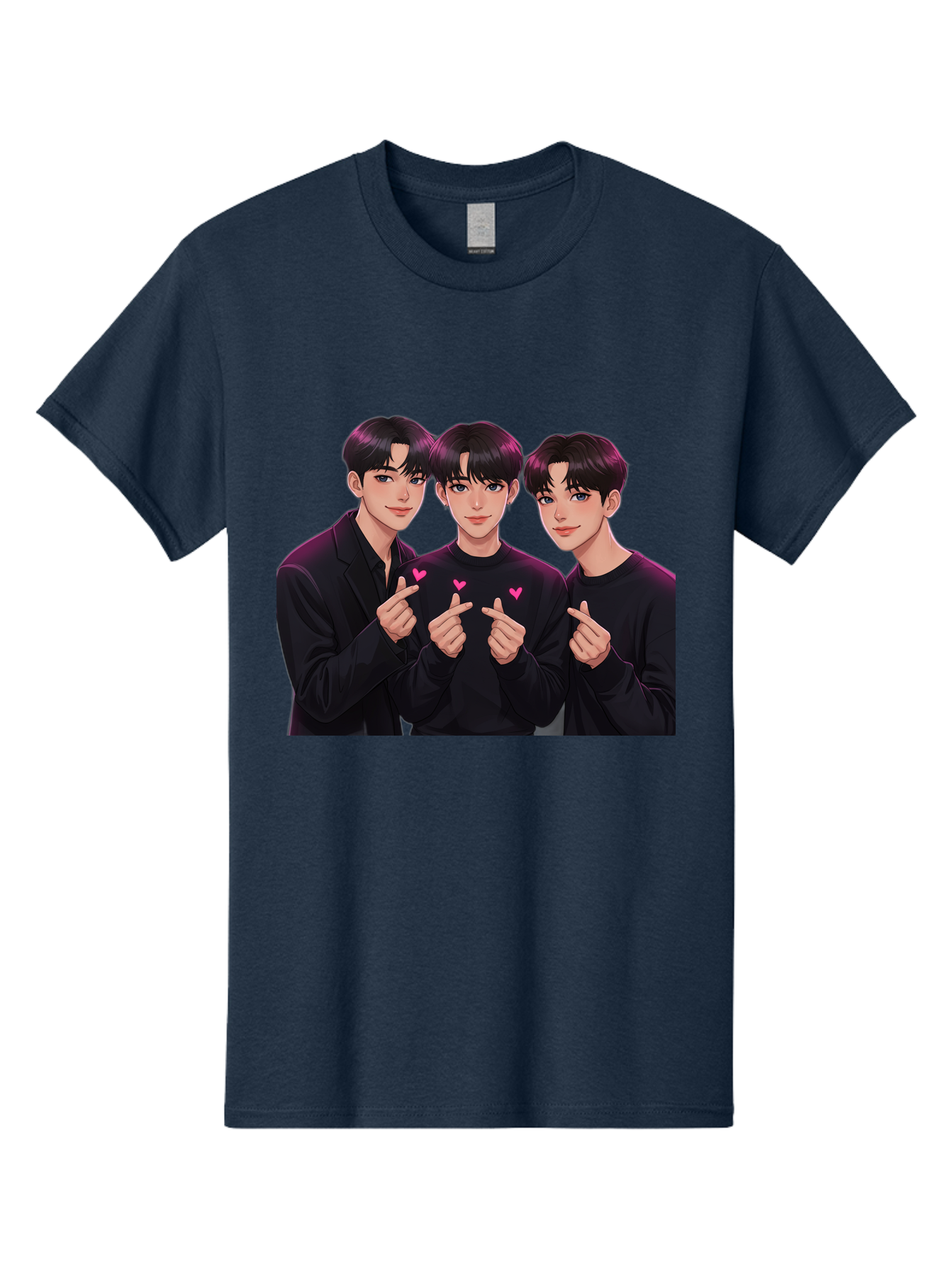 Three-Men-Pointing Men'S Graphic Tee, 100% Cotton, Comfortable Casual Summer Wear, Machine Washable, Young Men With Black Hair, Black Shirts, Pink Hearts, Finger Pointing, K-Pop Style, Group Portrait, Modern Fashion, Trendy Gesture, Bac519