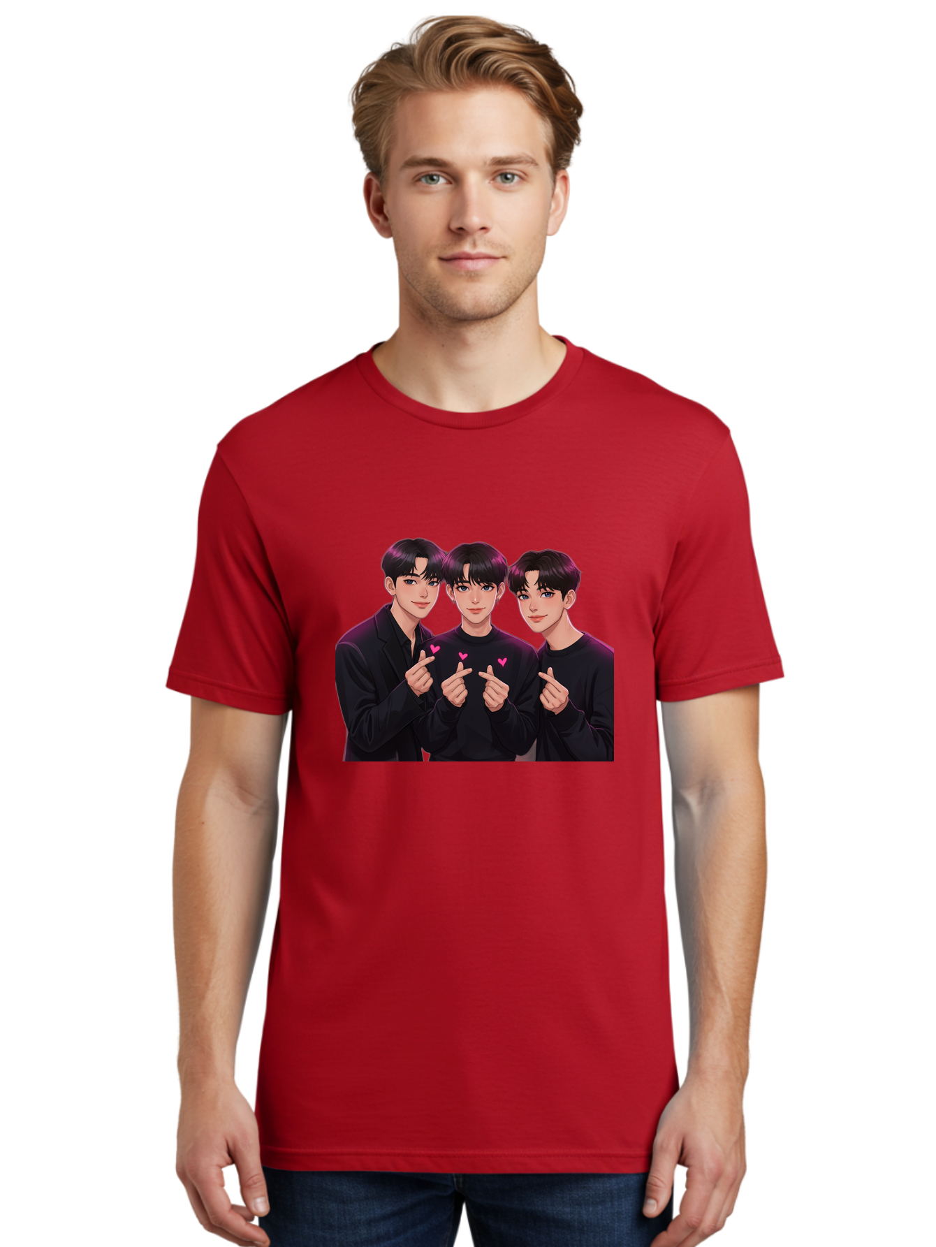 Three-Men-Pointing Men'S Graphic Tee, 100% Cotton, Comfortable Casual Summer Wear, Machine Washable, Young Men With Black Hair, Black Shirts, Pink Hearts, Finger Pointing, K-Pop Style, Group Portrait, Modern Fashion, Trendy Gesture, Bac519
