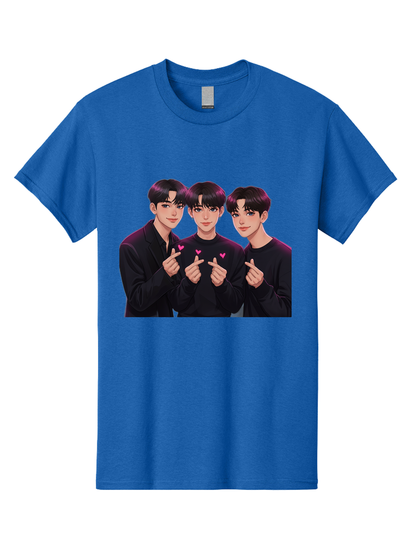 Three-Men-Pointing Men'S Graphic Tee, 100% Cotton, Comfortable Casual Summer Wear, Machine Washable, Young Men With Black Hair, Black Shirts, Pink Hearts, Finger Pointing, K-Pop Style, Group Portrait, Modern Fashion, Trendy Gesture, Bac519