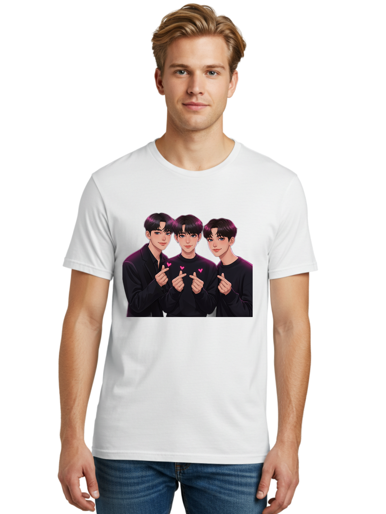 Three-Men-Pointing Men'S Graphic Tee, 100% Cotton, Comfortable Casual Summer Wear, Machine Washable, Young Men With Black Hair, Black Shirts, Pink Hearts, Finger Pointing, K-Pop Style, Group Portrait, Modern Fashion, Trendy Gesture, Bac519