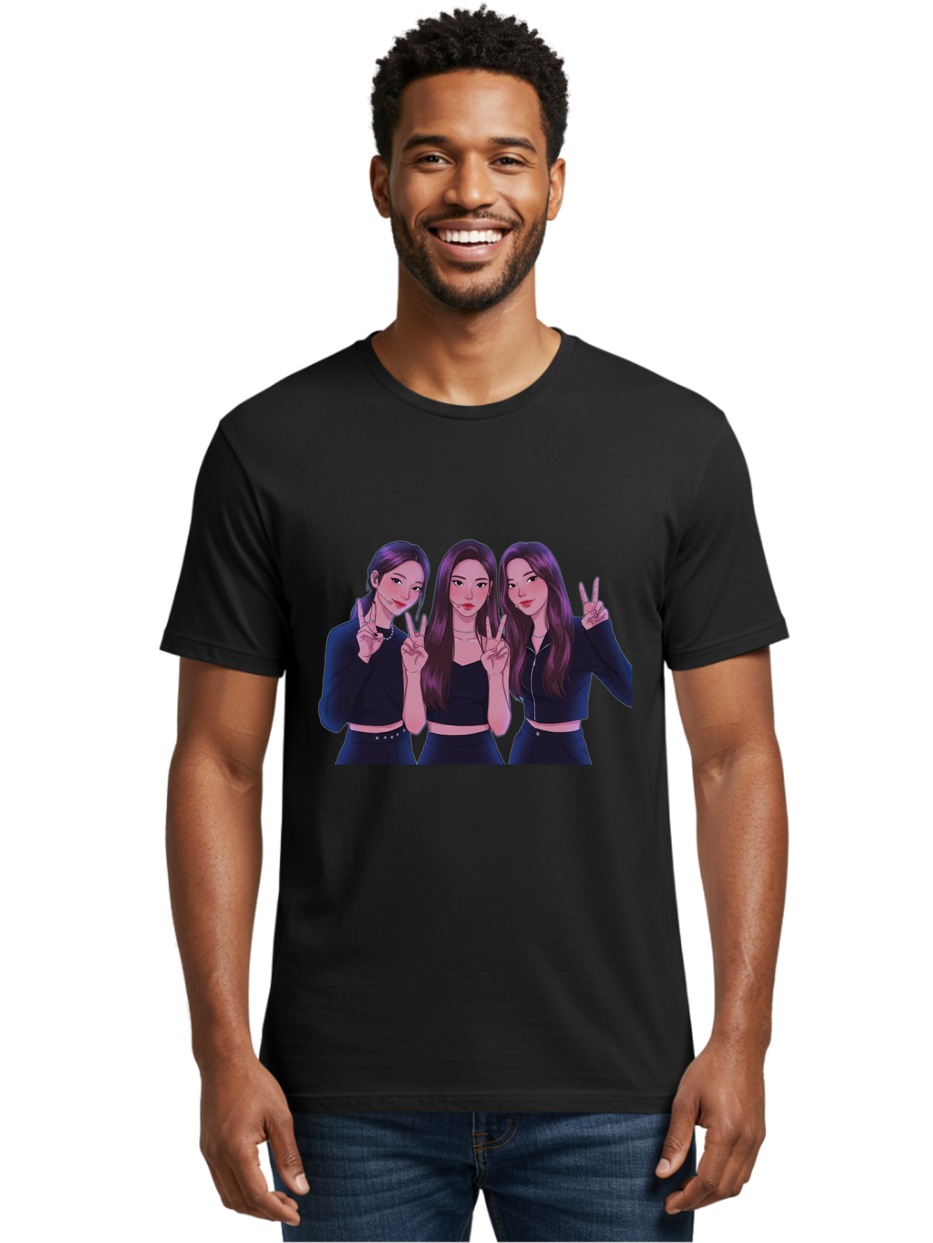 Three-Women-Posing Men'S Graphic Tee, 100% Cotton, Comfortable Casual Summer Wear, Machine Washable, Cartoon Women, Peace Signs, Long Hair, Black Outfits, Girl Power, Friendship, Playful Gestures, K-Pop Style, Pop Art Bac520