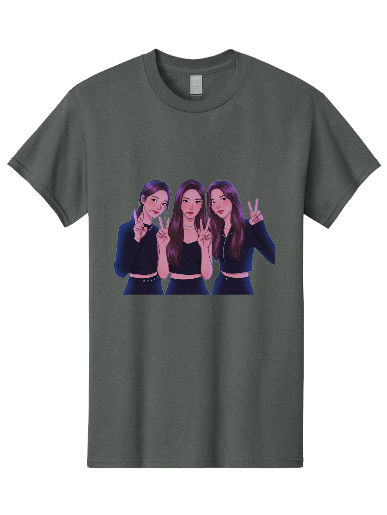 Three-Women-Posing Men'S Graphic Tee, 100% Cotton, Comfortable Casual Summer Wear, Machine Washable, Cartoon Women, Peace Signs, Long Hair, Black Outfits, Girl Power, Friendship, Playful Gestures, K-Pop Style, Pop Art Bac520