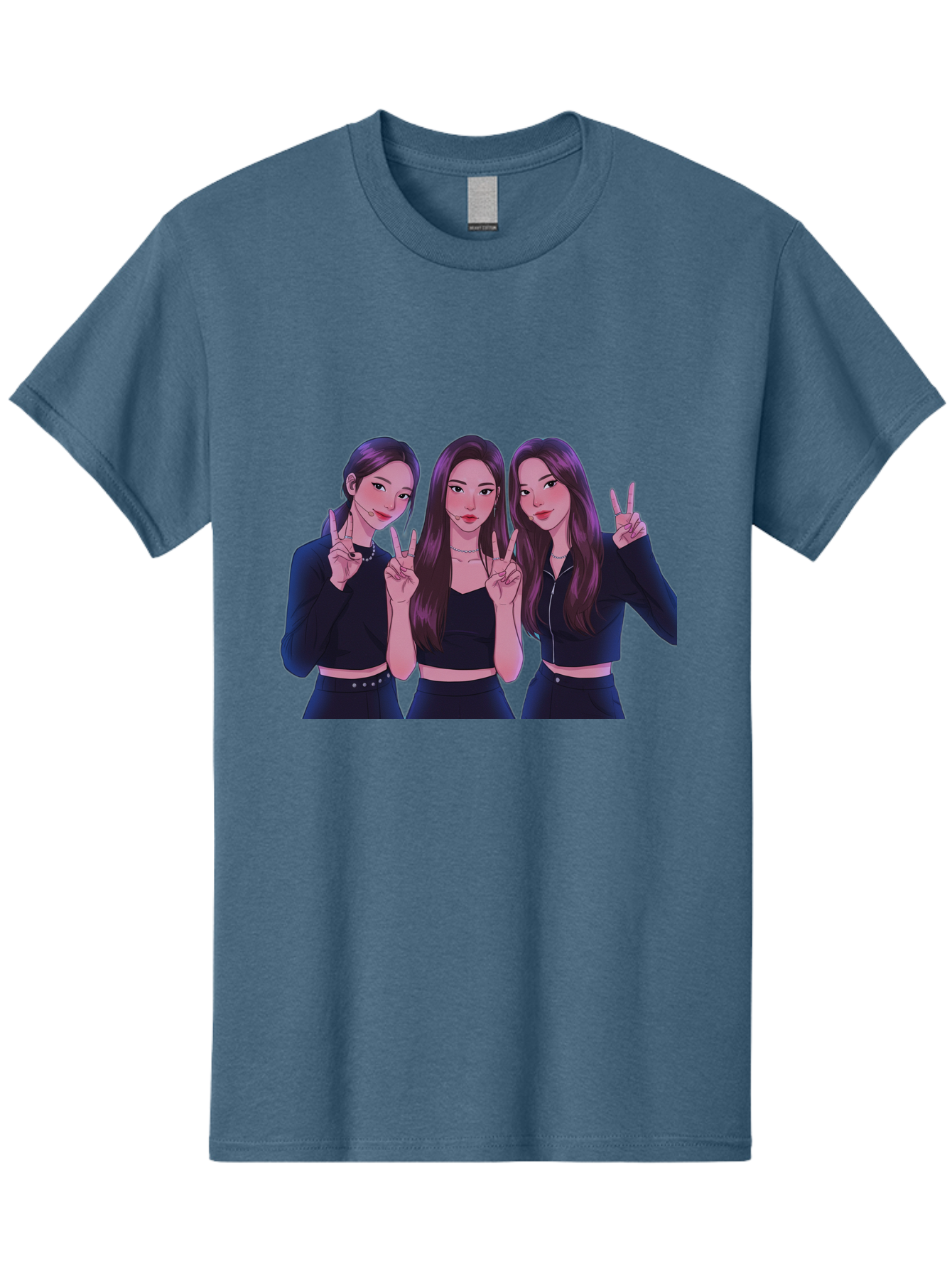 Three-Women-Posing Men'S Graphic Tee, 100% Cotton, Comfortable Casual Summer Wear, Machine Washable, Cartoon Women, Peace Signs, Long Hair, Black Outfits, Girl Power, Friendship, Playful Gestures, K-Pop Style, Pop Art Bac520