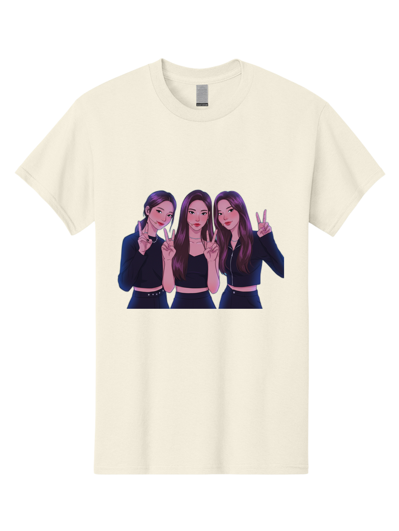 Three-Women-Posing Men'S Graphic Tee, 100% Cotton, Comfortable Casual Summer Wear, Machine Washable, Cartoon Women, Peace Signs, Long Hair, Black Outfits, Girl Power, Friendship, Playful Gestures, K-Pop Style, Pop Art Bac520