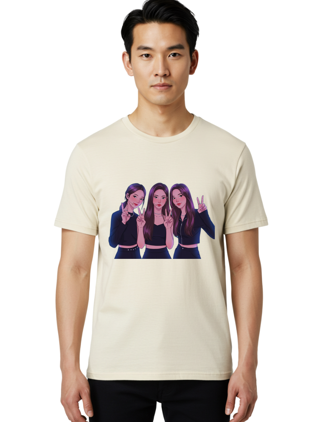 Three-Women-Posing Men'S Graphic Tee, 100% Cotton, Comfortable Casual Summer Wear, Machine Washable, Cartoon Women, Peace Signs, Long Hair, Black Outfits, Girl Power, Friendship, Playful Gestures, K-Pop Style, Pop Art Bac520