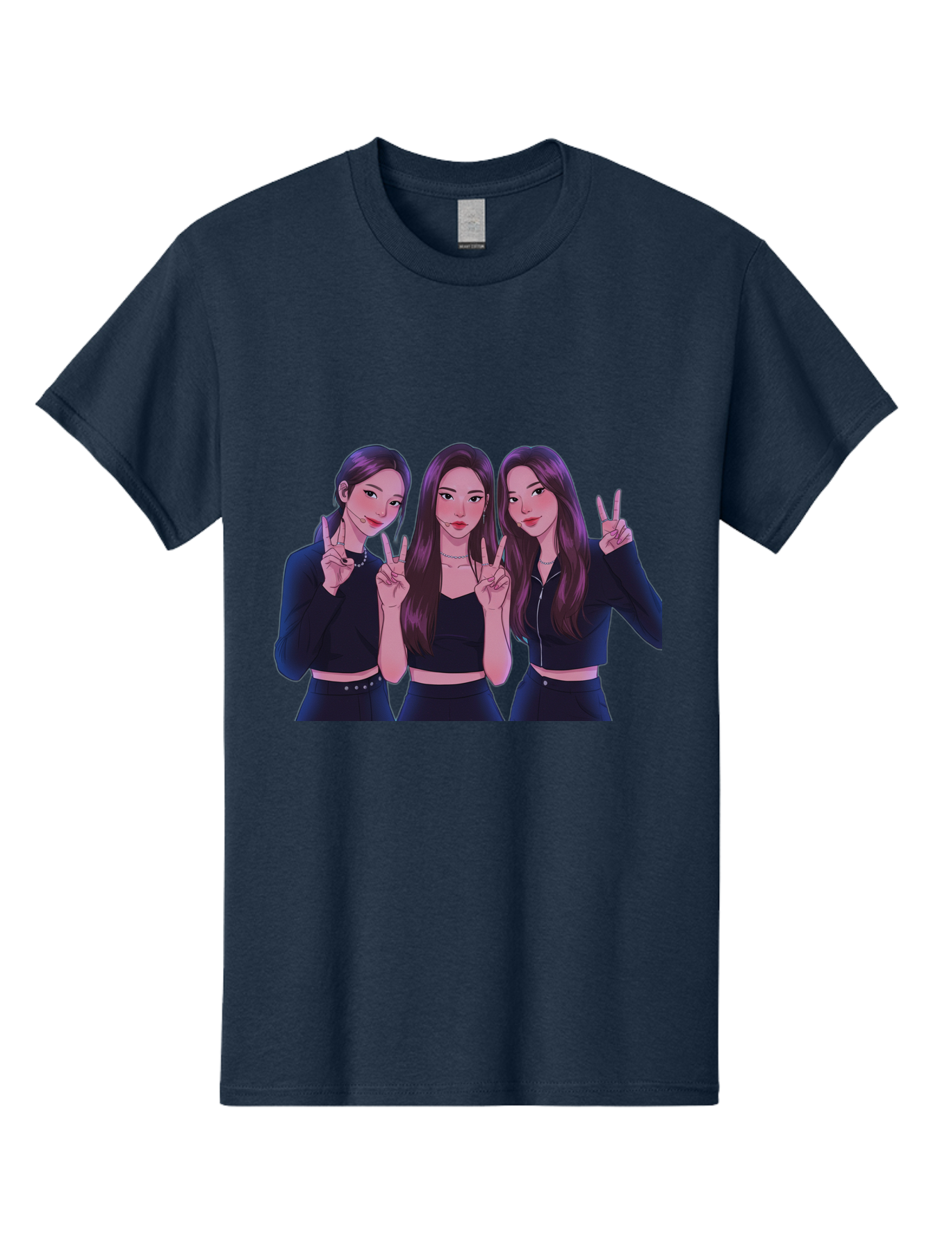 Three-Women-Posing Men'S Graphic Tee, 100% Cotton, Comfortable Casual Summer Wear, Machine Washable, Cartoon Women, Peace Signs, Long Hair, Black Outfits, Girl Power, Friendship, Playful Gestures, K-Pop Style, Pop Art Bac520