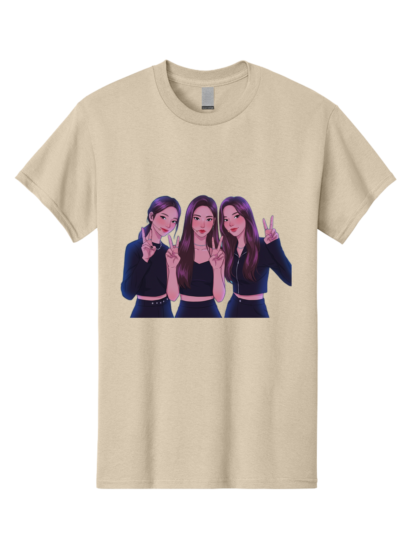 Three-Women-Posing Men'S Graphic Tee, 100% Cotton, Comfortable Casual Summer Wear, Machine Washable, Cartoon Women, Peace Signs, Long Hair, Black Outfits, Girl Power, Friendship, Playful Gestures, K-Pop Style, Pop Art Bac520