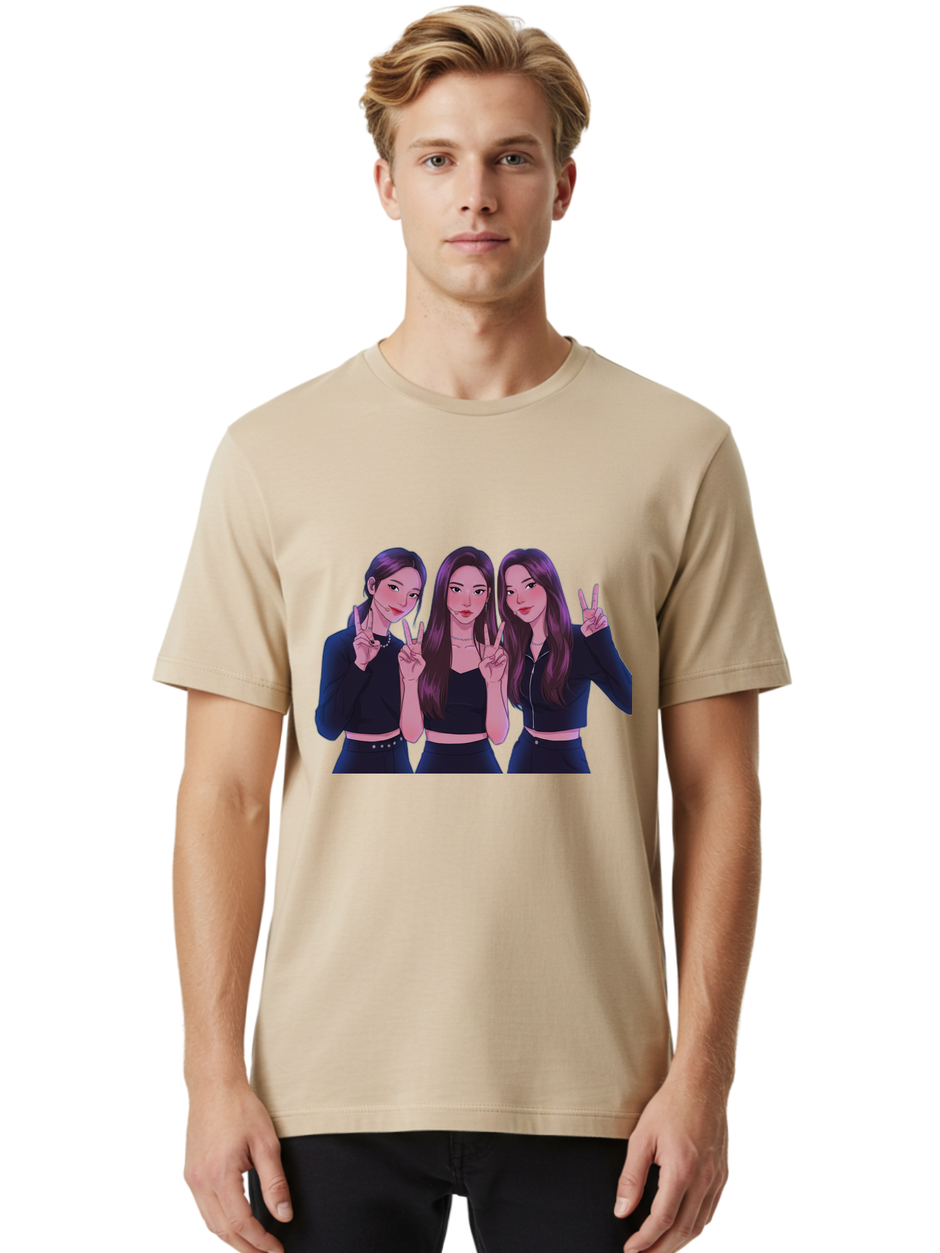 Three-Women-Posing Men'S Graphic Tee, 100% Cotton, Comfortable Casual Summer Wear, Machine Washable, Cartoon Women, Peace Signs, Long Hair, Black Outfits, Girl Power, Friendship, Playful Gestures, K-Pop Style, Pop Art Bac520