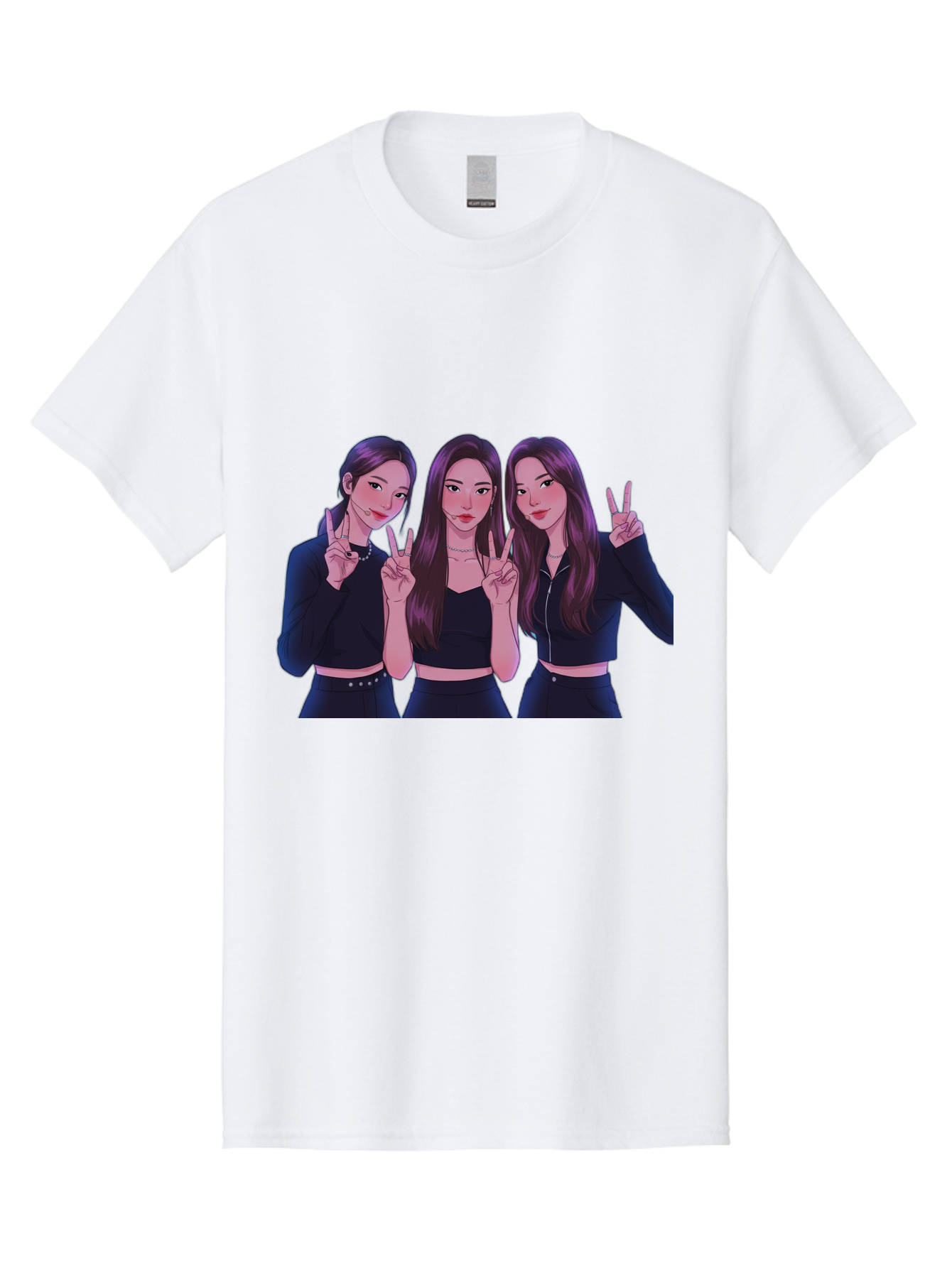 Three-Women-Posing Men'S Graphic Tee, 100% Cotton, Comfortable Casual Summer Wear, Machine Washable, Cartoon Women, Peace Signs, Long Hair, Black Outfits, Girl Power, Friendship, Playful Gestures, K-Pop Style, Pop Art Bac520