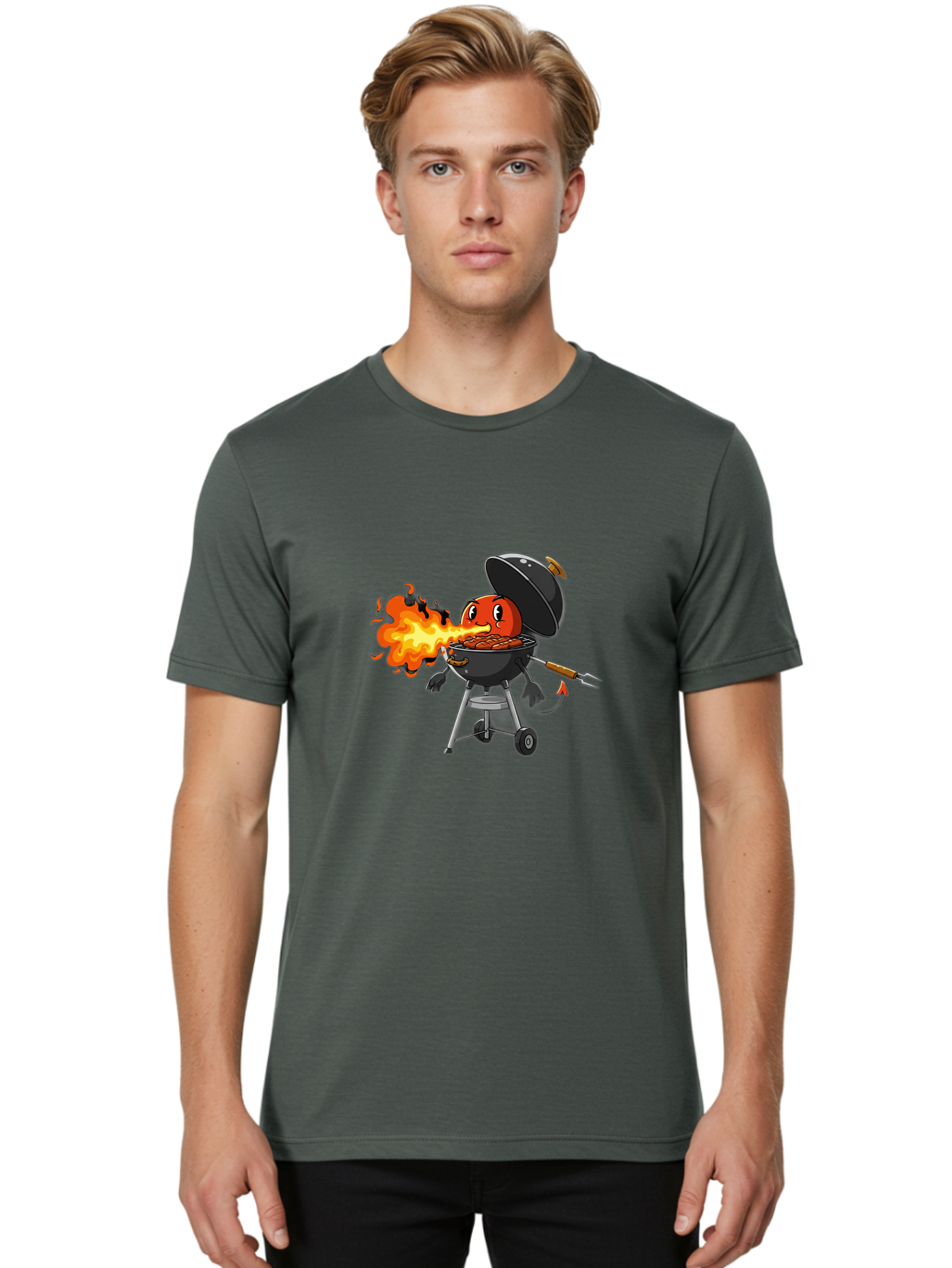 Tomato-In-Grill Men'S Graphic Tee, 100% Cotton, Comfortable Casual Summer Wear, Machine Washable, Tomato Grilling On Barbecue, Cartoon Character, Chef Illustration, Kitchen Humor, Funny Food, Barbecue Cooking, Comical Vegetable, Sizzling Hot Bac523
