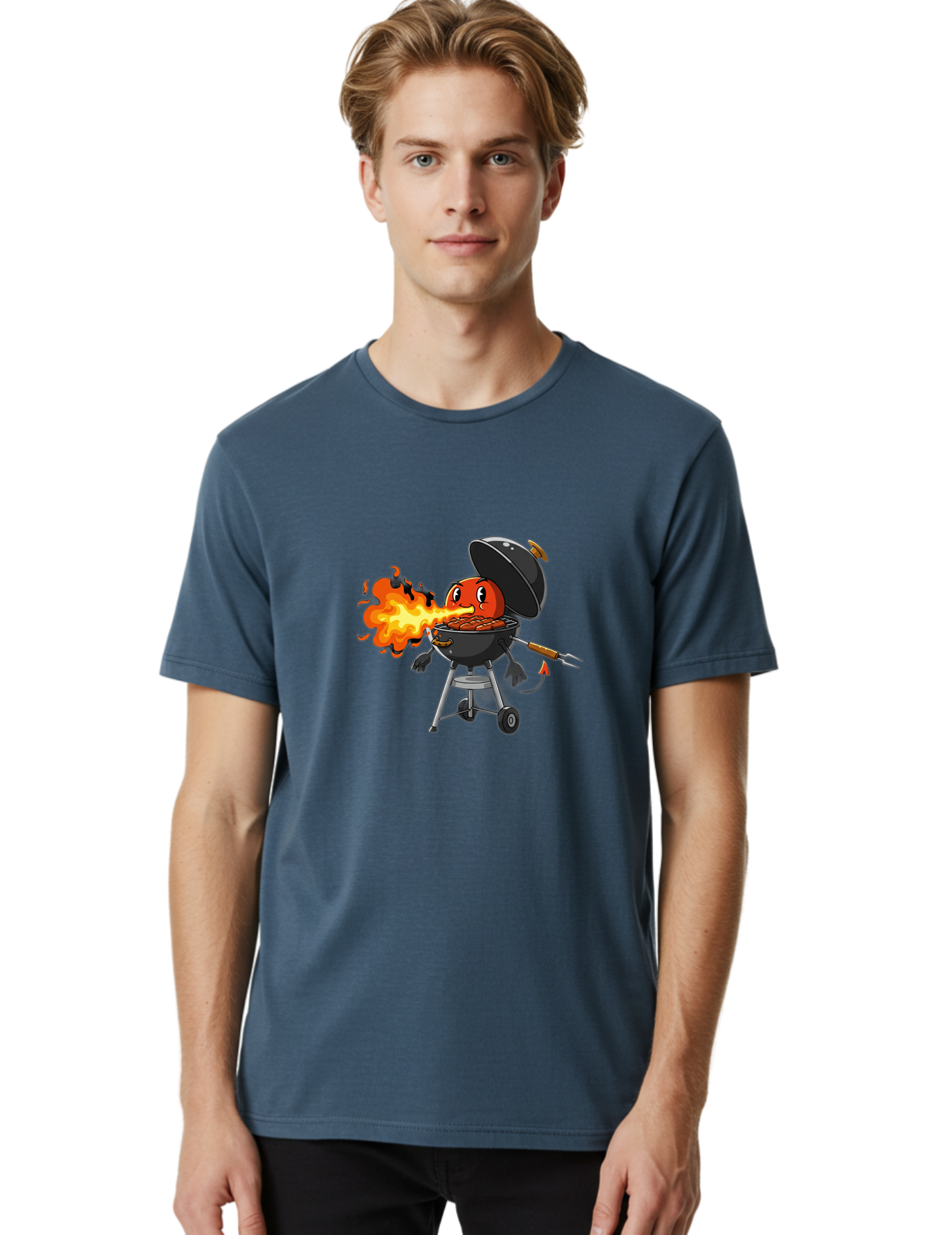 Tomato-In-Grill Men'S Graphic Tee, 100% Cotton, Comfortable Casual Summer Wear, Machine Washable, Tomato Grilling On Barbecue, Cartoon Character, Chef Illustration, Kitchen Humor, Funny Food, Barbecue Cooking, Comical Vegetable, Sizzling Hot Bac523