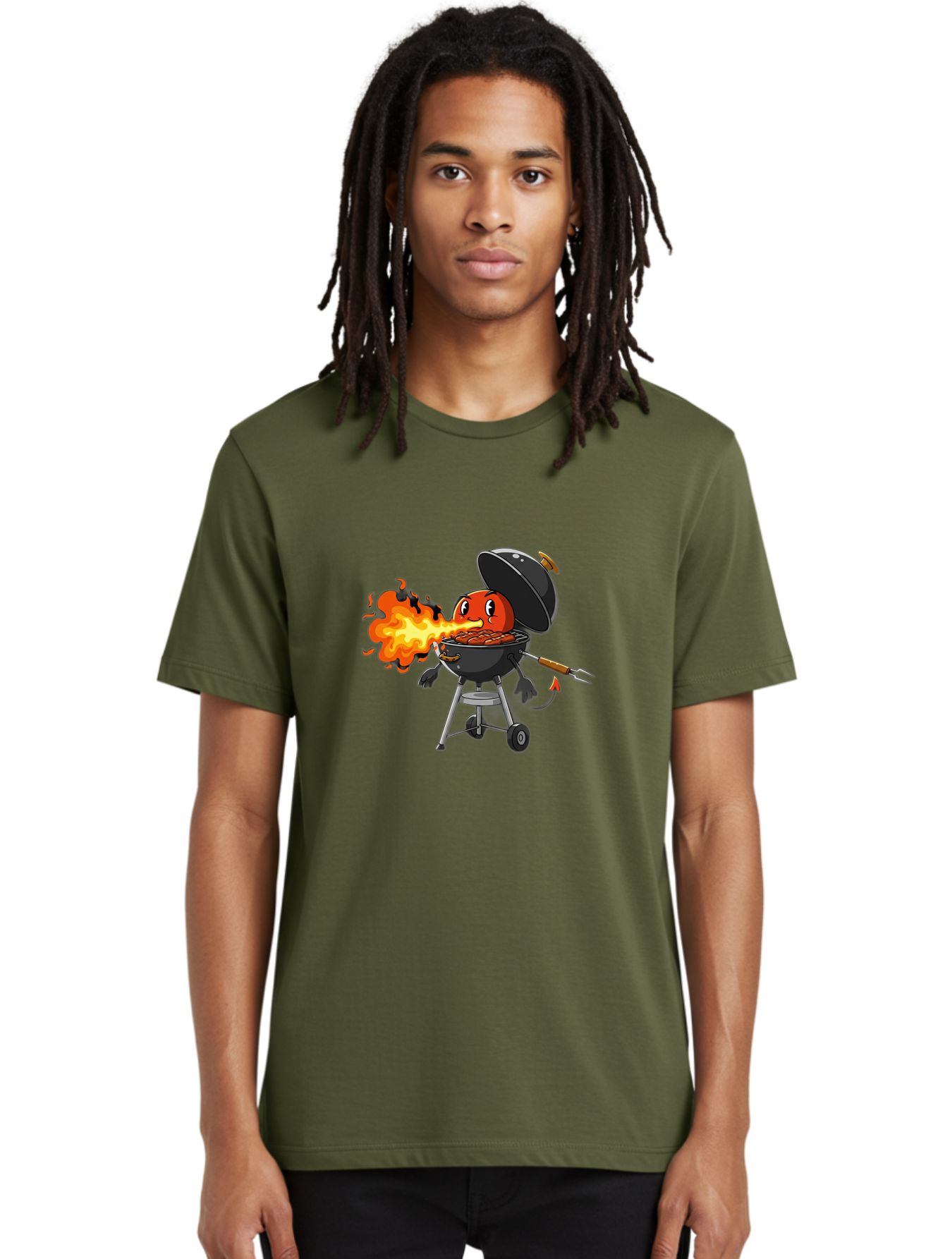Tomato-In-Grill Men'S Graphic Tee, 100% Cotton, Comfortable Casual Summer Wear, Machine Washable, Tomato Grilling On Barbecue, Cartoon Character, Chef Illustration, Kitchen Humor, Funny Food, Barbecue Cooking, Comical Vegetable, Sizzling Hot Bac523