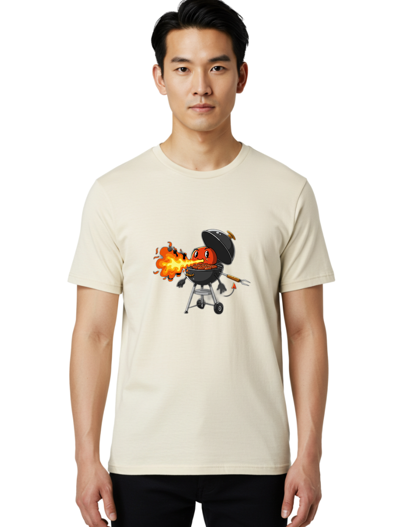 Tomato-In-Grill Men'S Graphic Tee, 100% Cotton, Comfortable Casual Summer Wear, Machine Washable, Tomato Grilling On Barbecue, Cartoon Character, Chef Illustration, Kitchen Humor, Funny Food, Barbecue Cooking, Comical Vegetable, Sizzling Hot Bac523