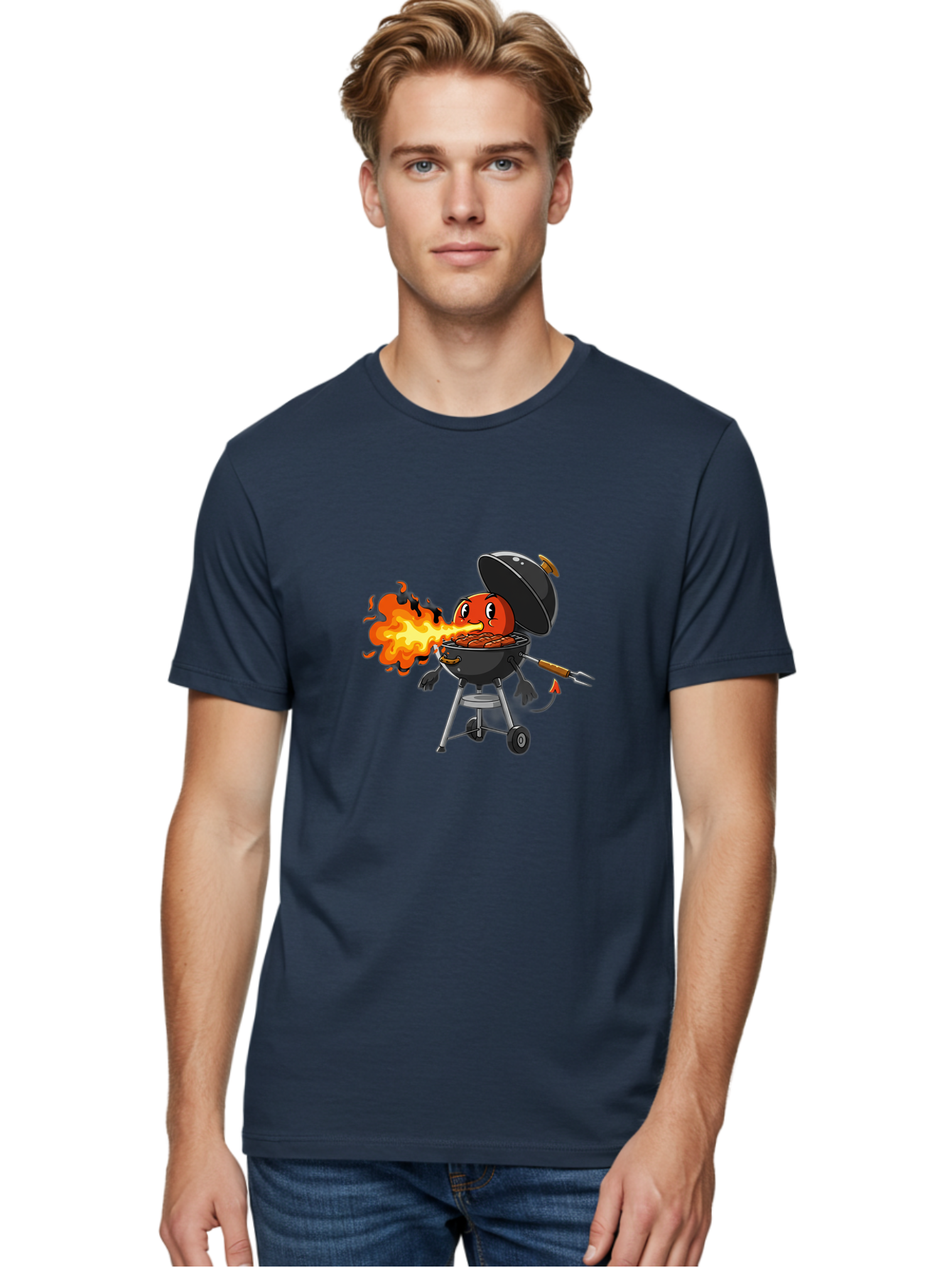 Tomato-In-Grill Men'S Graphic Tee, 100% Cotton, Comfortable Casual Summer Wear, Machine Washable, Tomato Grilling On Barbecue, Cartoon Character, Chef Illustration, Kitchen Humor, Funny Food, Barbecue Cooking, Comical Vegetable, Sizzling Hot Bac523