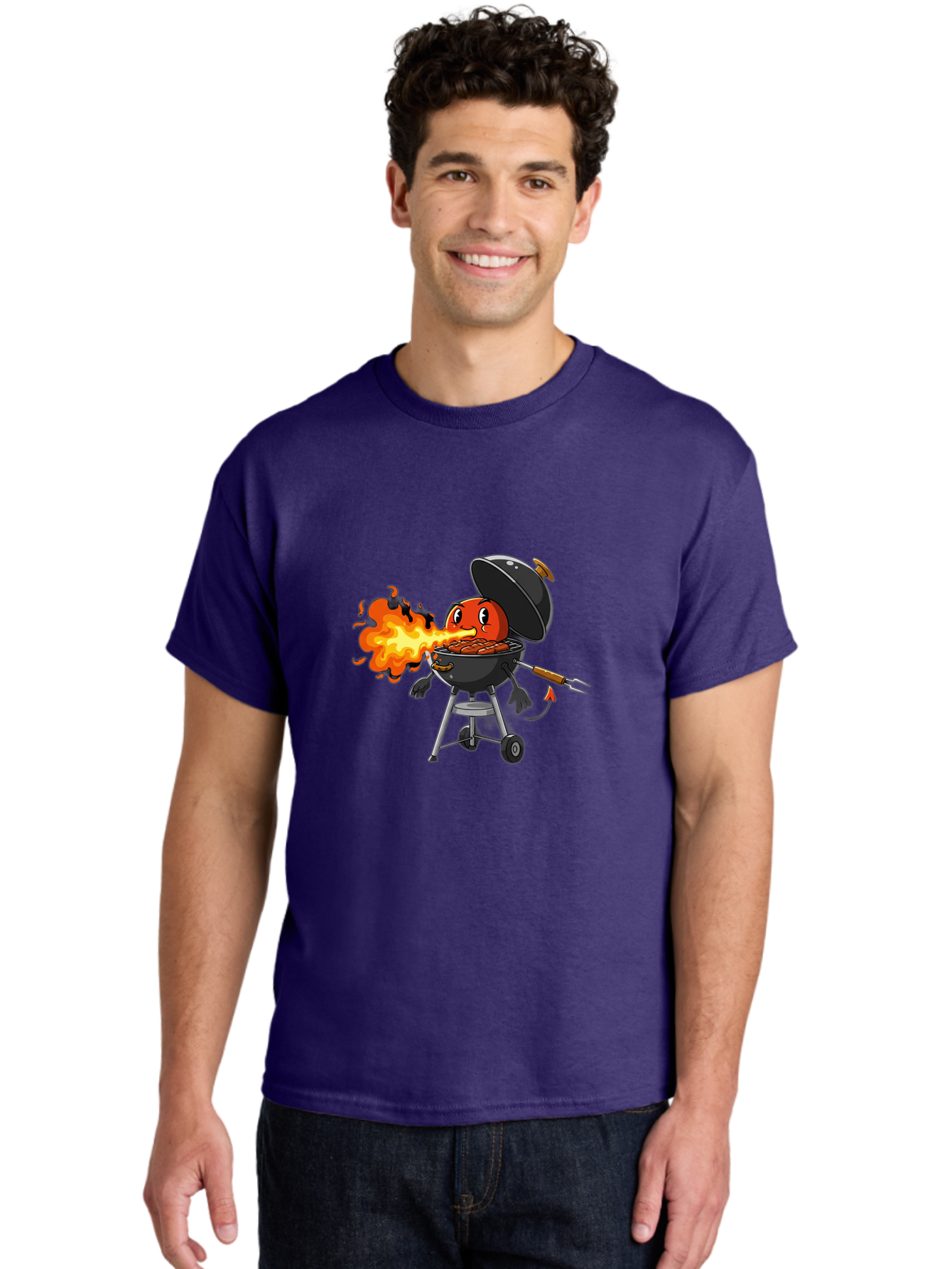 Tomato-In-Grill Men'S Graphic Tee, 100% Cotton, Comfortable Casual Summer Wear, Machine Washable, Tomato Grilling On Barbecue, Cartoon Character, Chef Illustration, Kitchen Humor, Funny Food, Barbecue Cooking, Comical Vegetable, Sizzling Hot Bac523