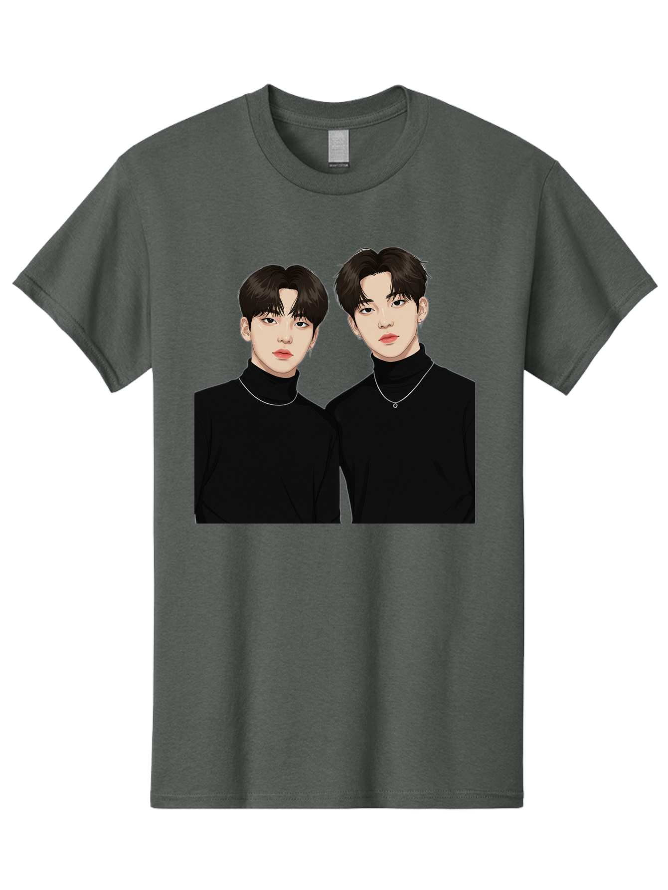 Twin-Guys Men'S Graphic Tee, 100% Cotton, Comfortable Casual Summer Wear, Machine Washable, K-Pop Idols, Male Duo, Black Turtlenecks, Silver Necklaces, Dark Hair, Digital Illustration, Pop Culture Icons, Modern Fashion, Stylish Accessories, Bac525