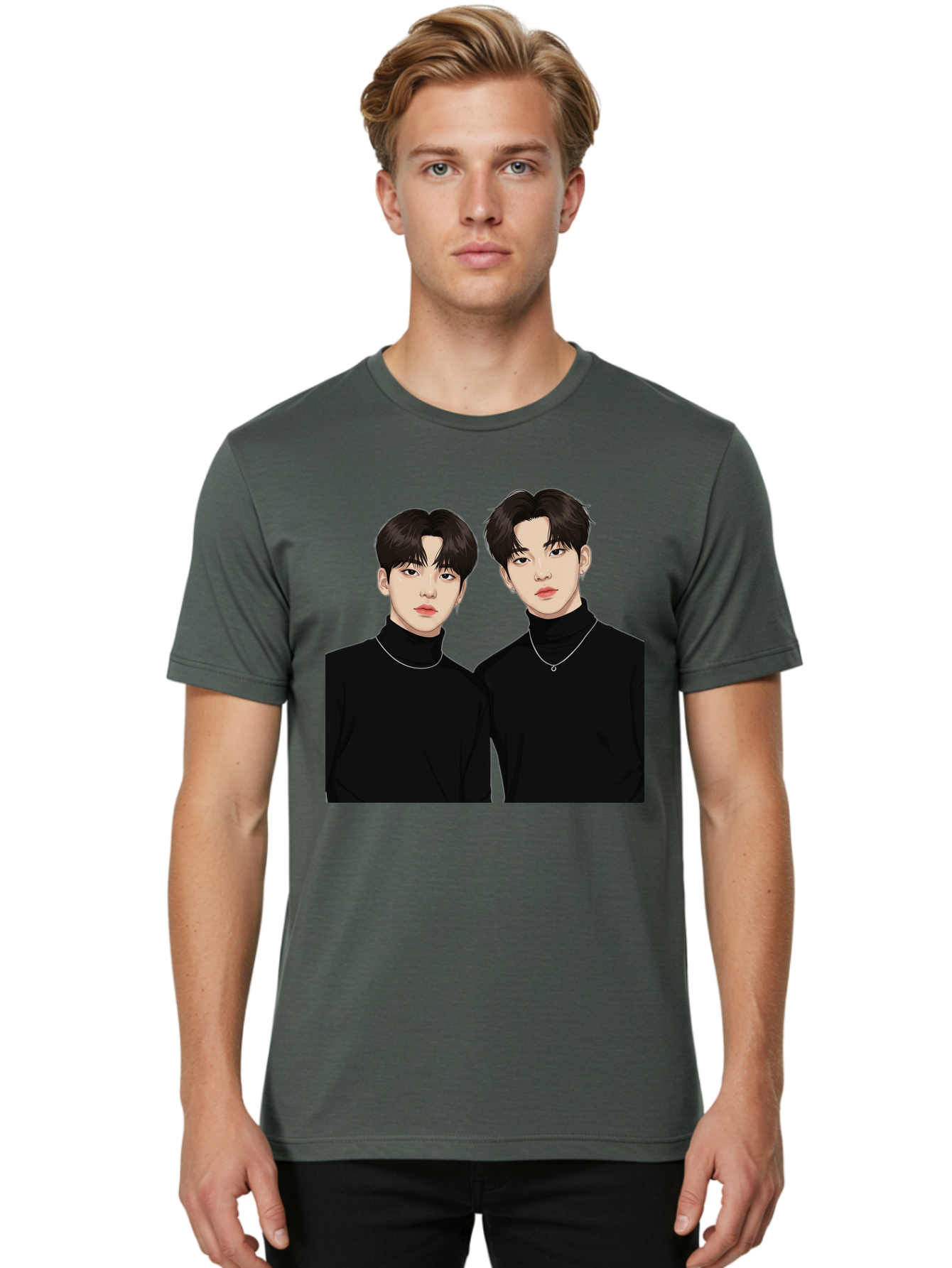 Twin-Guys Men'S Graphic Tee, 100% Cotton, Comfortable Casual Summer Wear, Machine Washable, K-Pop Idols, Male Duo, Black Turtlenecks, Silver Necklaces, Dark Hair, Digital Illustration, Pop Culture Icons, Modern Fashion, Stylish Accessories, Bac525