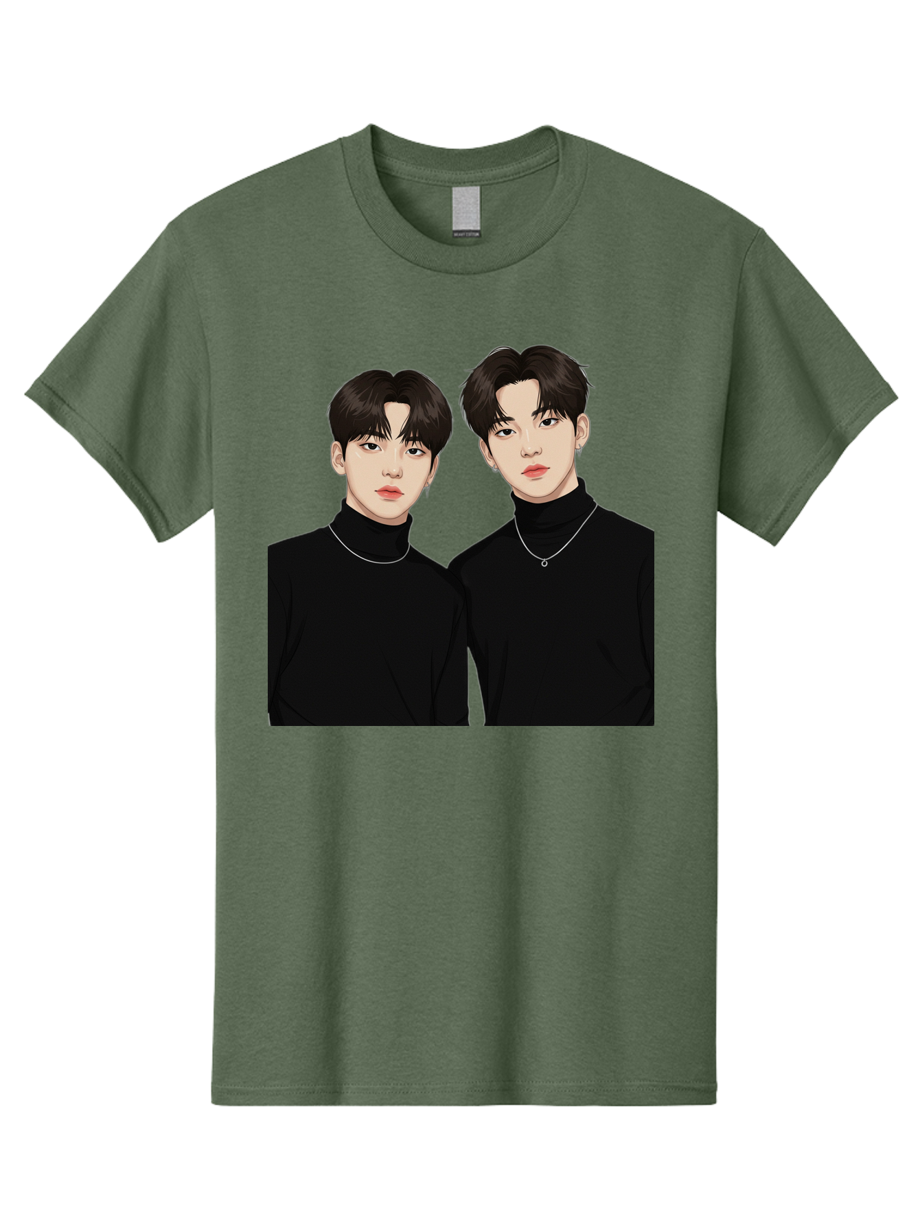Twin-Guys Men'S Graphic Tee, 100% Cotton, Comfortable Casual Summer Wear, Machine Washable, K-Pop Idols, Male Duo, Black Turtlenecks, Silver Necklaces, Dark Hair, Digital Illustration, Pop Culture Icons, Modern Fashion, Stylish Accessories, Bac525