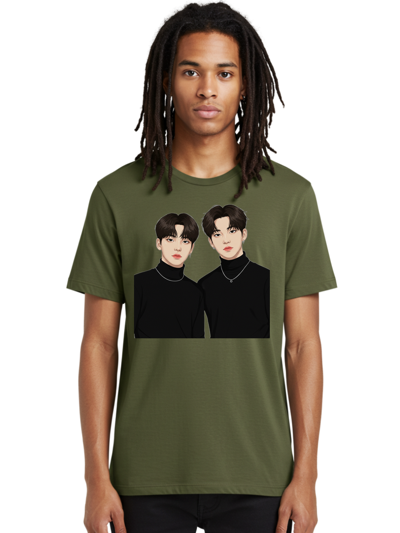 Twin-Guys Men'S Graphic Tee, 100% Cotton, Comfortable Casual Summer Wear, Machine Washable, K-Pop Idols, Male Duo, Black Turtlenecks, Silver Necklaces, Dark Hair, Digital Illustration, Pop Culture Icons, Modern Fashion, Stylish Accessories, Bac525