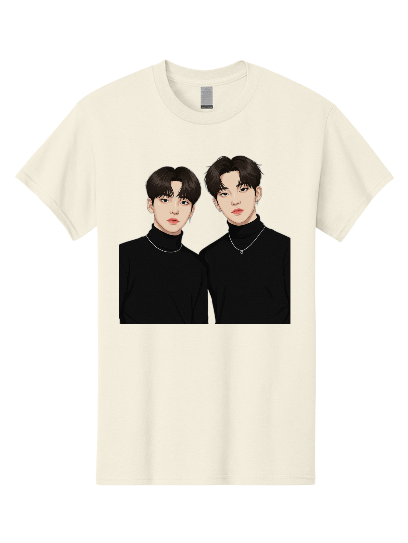 Twin-Guys Men'S Graphic Tee, 100% Cotton, Comfortable Casual Summer Wear, Machine Washable, K-Pop Idols, Male Duo, Black Turtlenecks, Silver Necklaces, Dark Hair, Digital Illustration, Pop Culture Icons, Modern Fashion, Stylish Accessories, Bac525