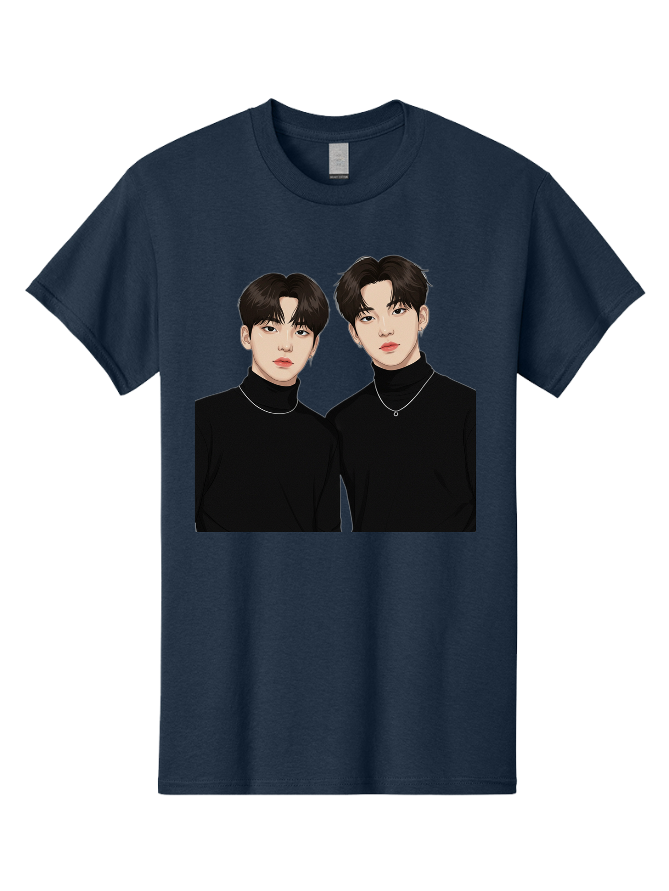 Twin-Guys Men'S Graphic Tee, 100% Cotton, Comfortable Casual Summer Wear, Machine Washable, K-Pop Idols, Male Duo, Black Turtlenecks, Silver Necklaces, Dark Hair, Digital Illustration, Pop Culture Icons, Modern Fashion, Stylish Accessories, Bac525