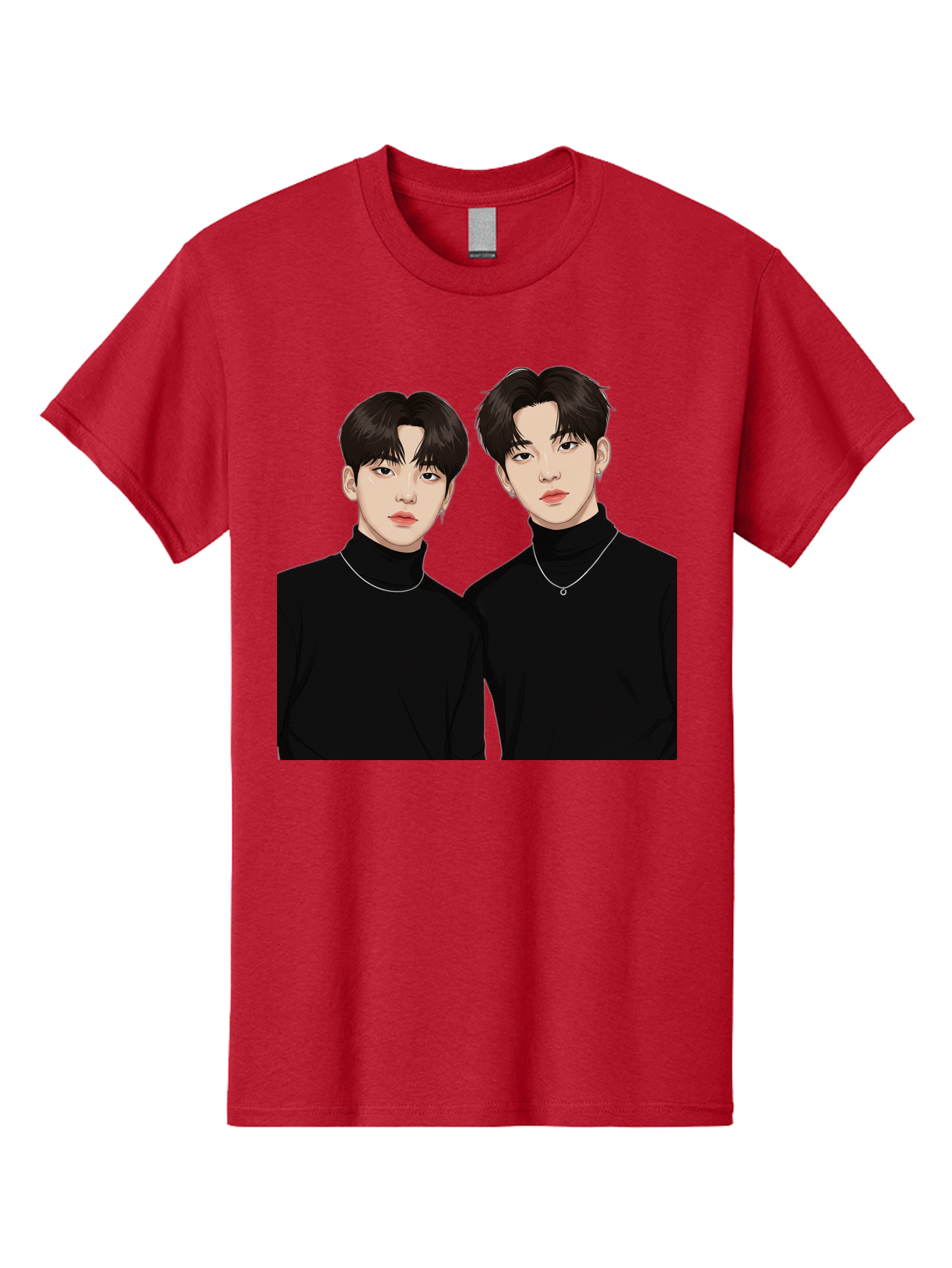 Twin-Guys Men'S Graphic Tee, 100% Cotton, Comfortable Casual Summer Wear, Machine Washable, K-Pop Idols, Male Duo, Black Turtlenecks, Silver Necklaces, Dark Hair, Digital Illustration, Pop Culture Icons, Modern Fashion, Stylish Accessories, Bac525