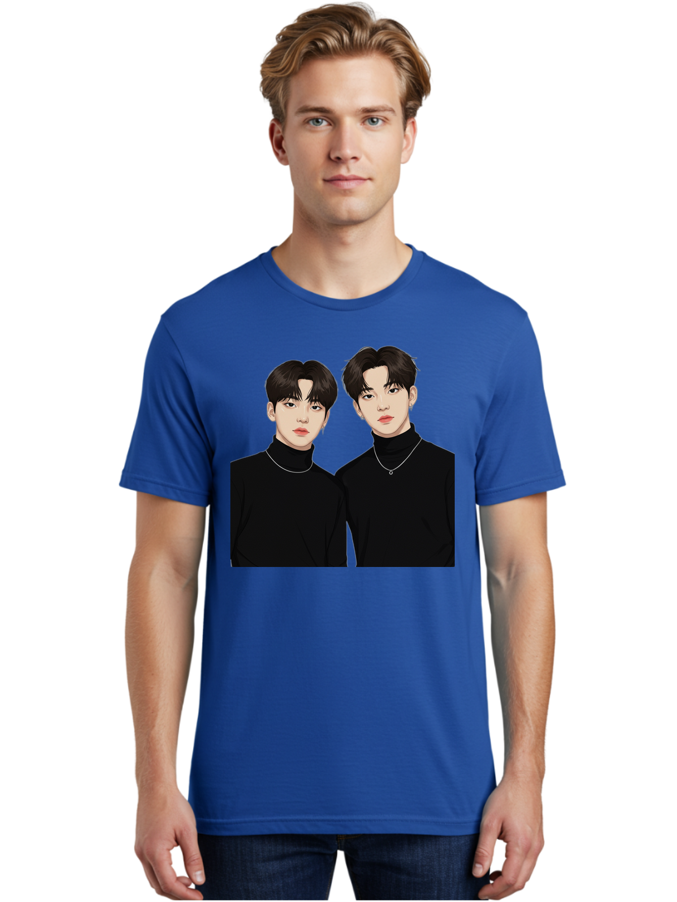 Twin-Guys Men'S Graphic Tee, 100% Cotton, Comfortable Casual Summer Wear, Machine Washable, K-Pop Idols, Male Duo, Black Turtlenecks, Silver Necklaces, Dark Hair, Digital Illustration, Pop Culture Icons, Modern Fashion, Stylish Accessories, Bac525