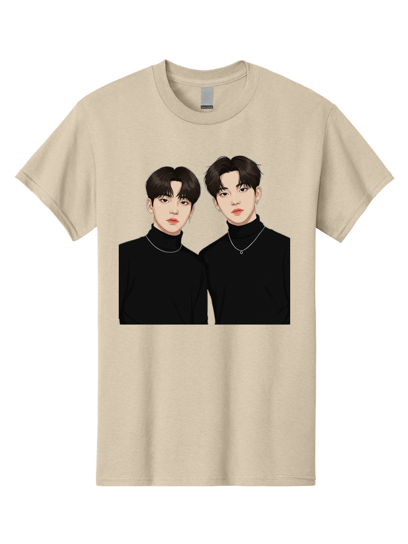 Twin-Guys Men'S Graphic Tee, 100% Cotton, Comfortable Casual Summer Wear, Machine Washable, K-Pop Idols, Male Duo, Black Turtlenecks, Silver Necklaces, Dark Hair, Digital Illustration, Pop Culture Icons, Modern Fashion, Stylish Accessories, Bac525