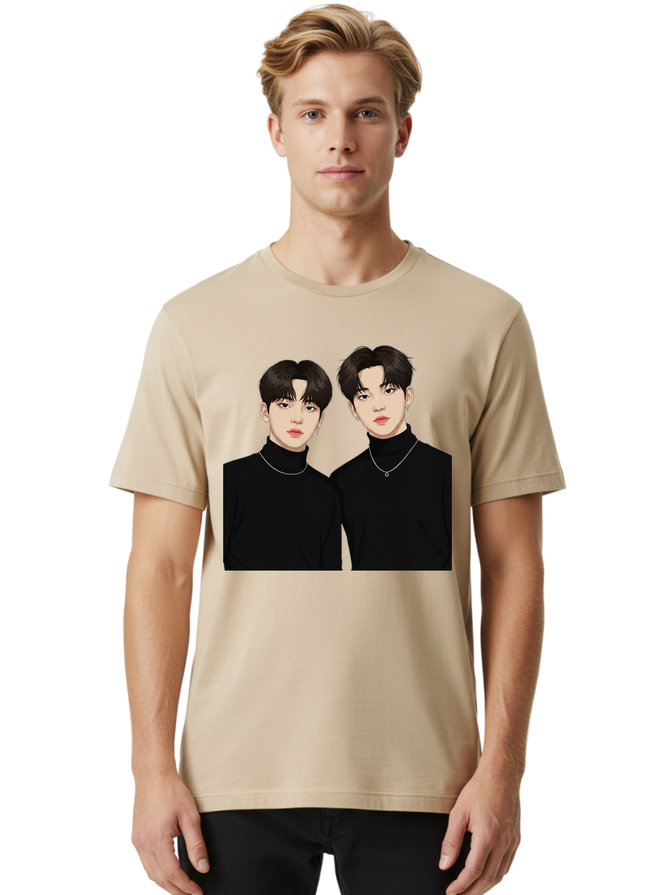 Twin-Guys Men'S Graphic Tee, 100% Cotton, Comfortable Casual Summer Wear, Machine Washable, K-Pop Idols, Male Duo, Black Turtlenecks, Silver Necklaces, Dark Hair, Digital Illustration, Pop Culture Icons, Modern Fashion, Stylish Accessories, Bac525