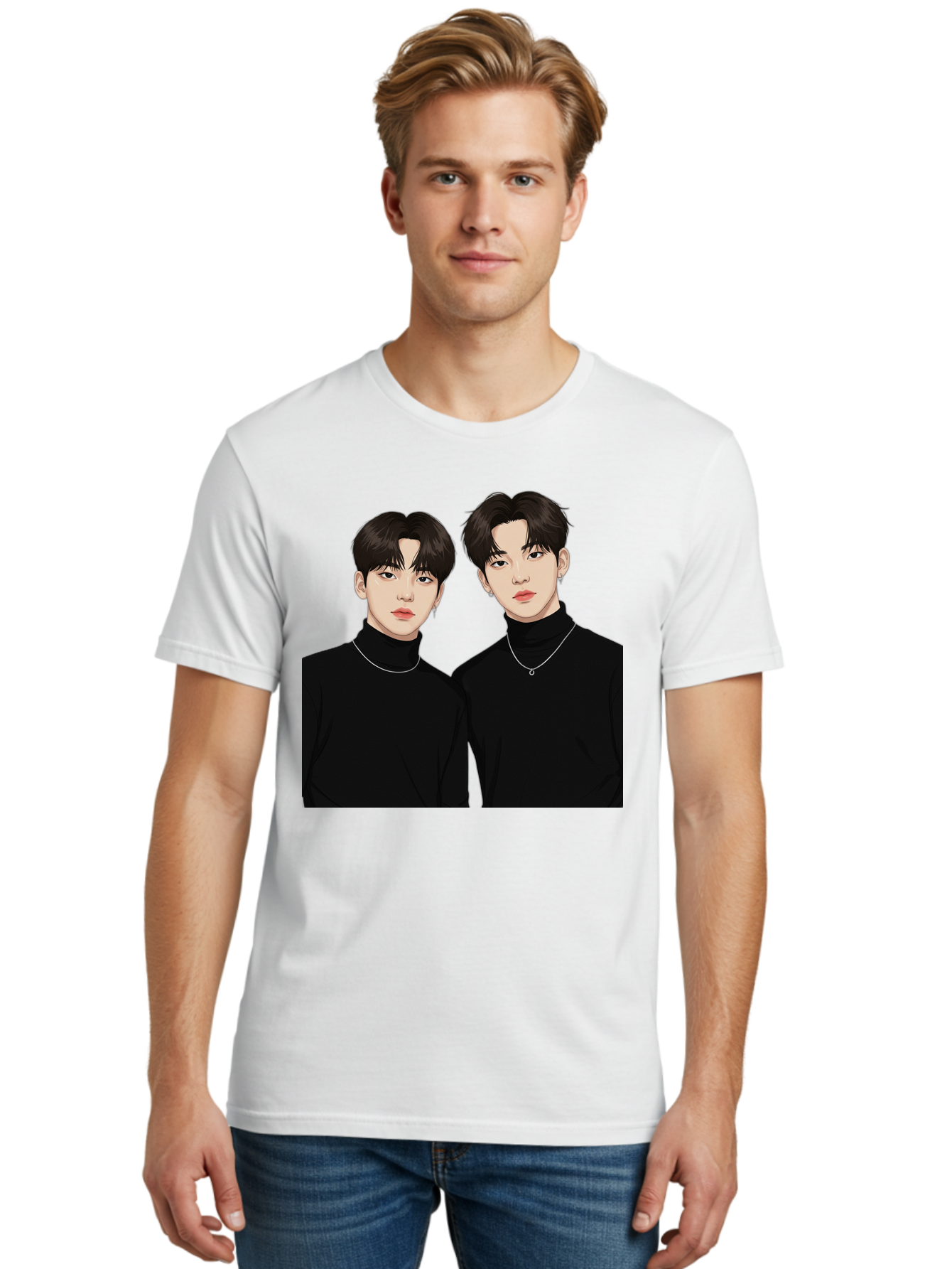 Twin-Guys Men'S Graphic Tee, 100% Cotton, Comfortable Casual Summer Wear, Machine Washable, K-Pop Idols, Male Duo, Black Turtlenecks, Silver Necklaces, Dark Hair, Digital Illustration, Pop Culture Icons, Modern Fashion, Stylish Accessories, Bac525