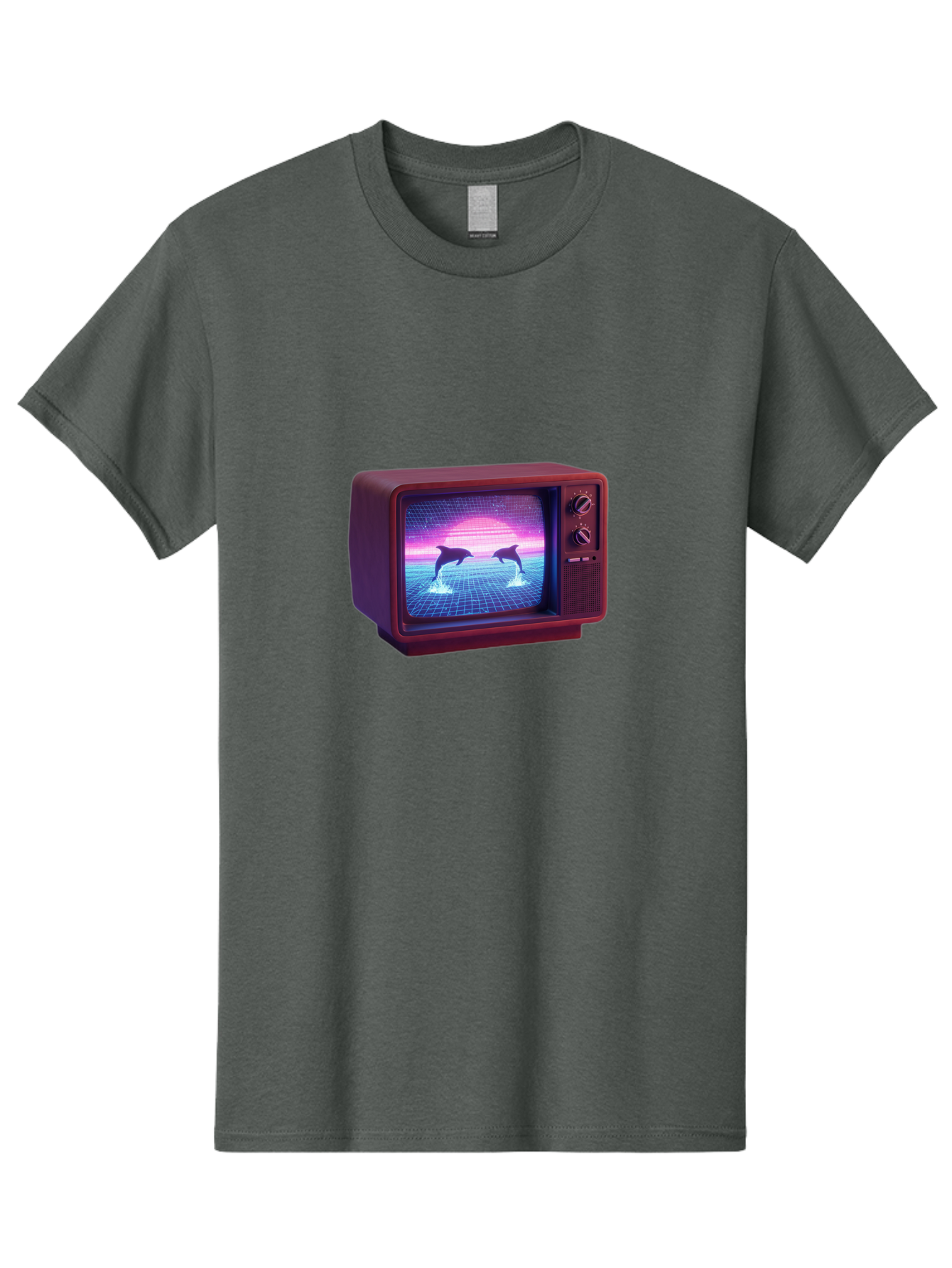 Two-Dolphins Men'S Graphic Tee, 100% Cotton, Comfortable Casual Summer Wear, Machine Washable, Retro Television, Vaporwave Aesthetic, Pixel Art, Dolphins, Sunset, 80S Nostalgia, Pixelated Graphics, Synthwave, Retrofuturism, Old School Tv Bac526
