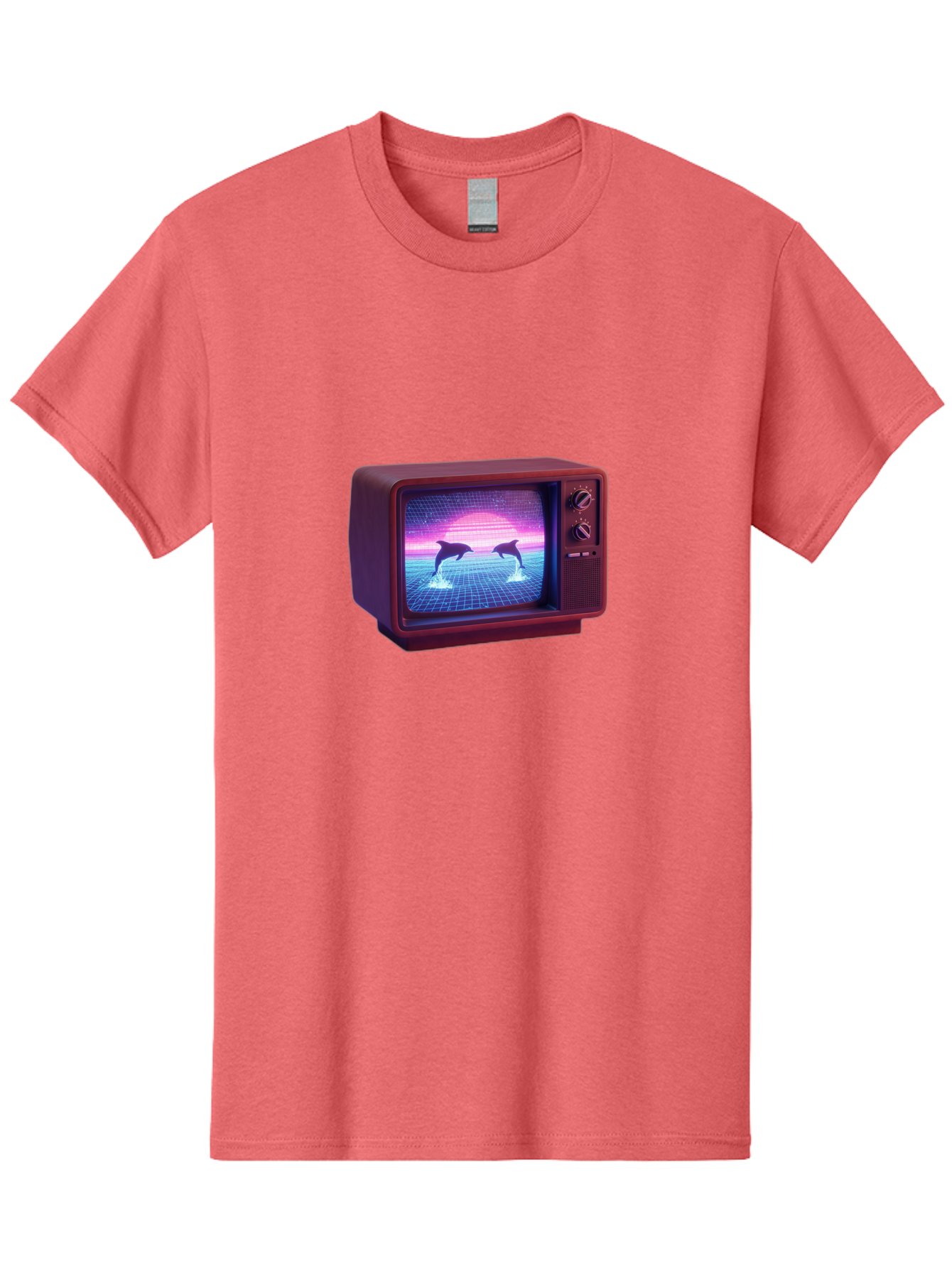 Two-Dolphins Men'S Graphic Tee, 100% Cotton, Comfortable Casual Summer Wear, Machine Washable, Retro Television, Vaporwave Aesthetic, Pixel Art, Dolphins, Sunset, 80S Nostalgia, Pixelated Graphics, Synthwave, Retrofuturism, Old School Tv Bac526
